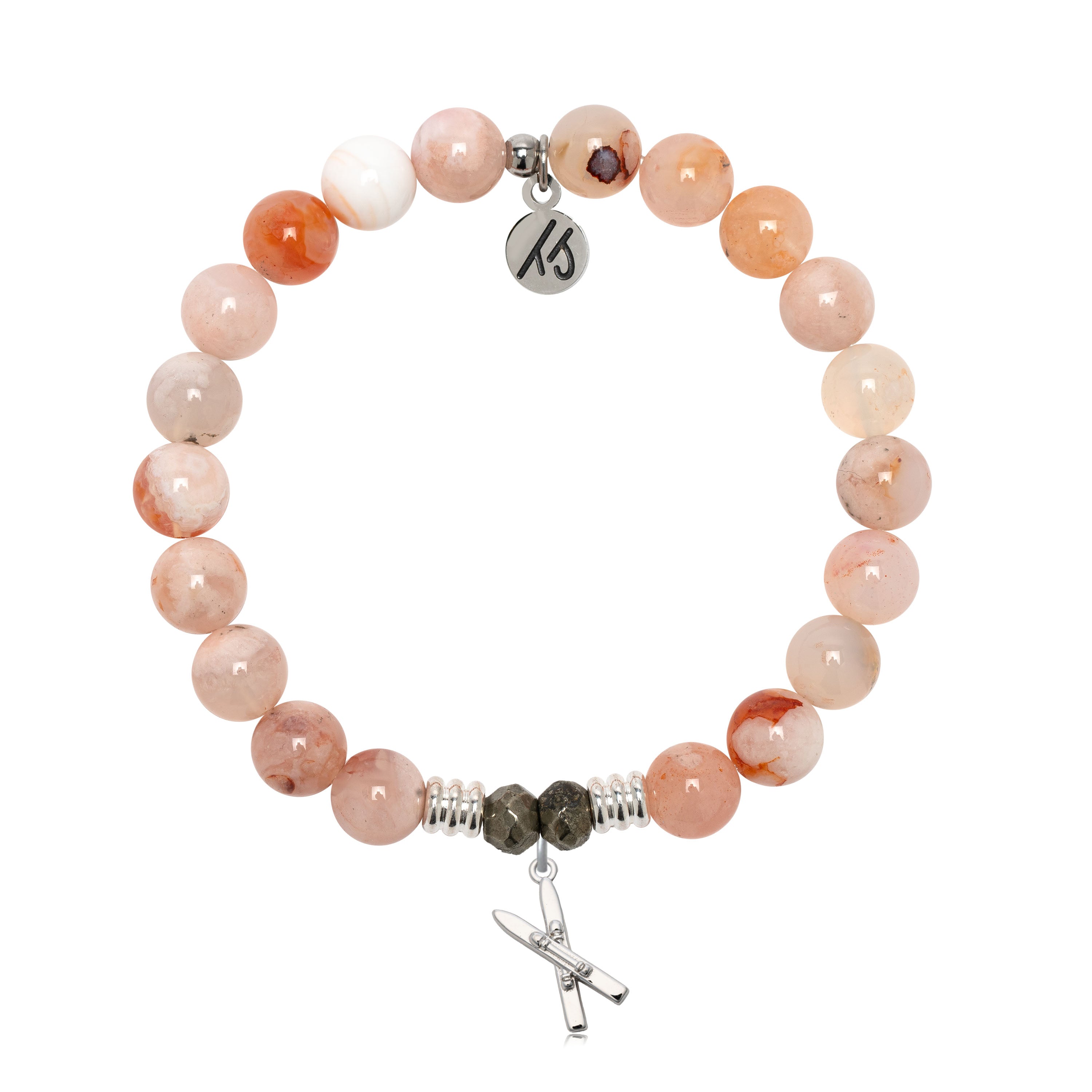 Sakura Agate Gemstone Bracelet with Skis Sterling Silver Charm