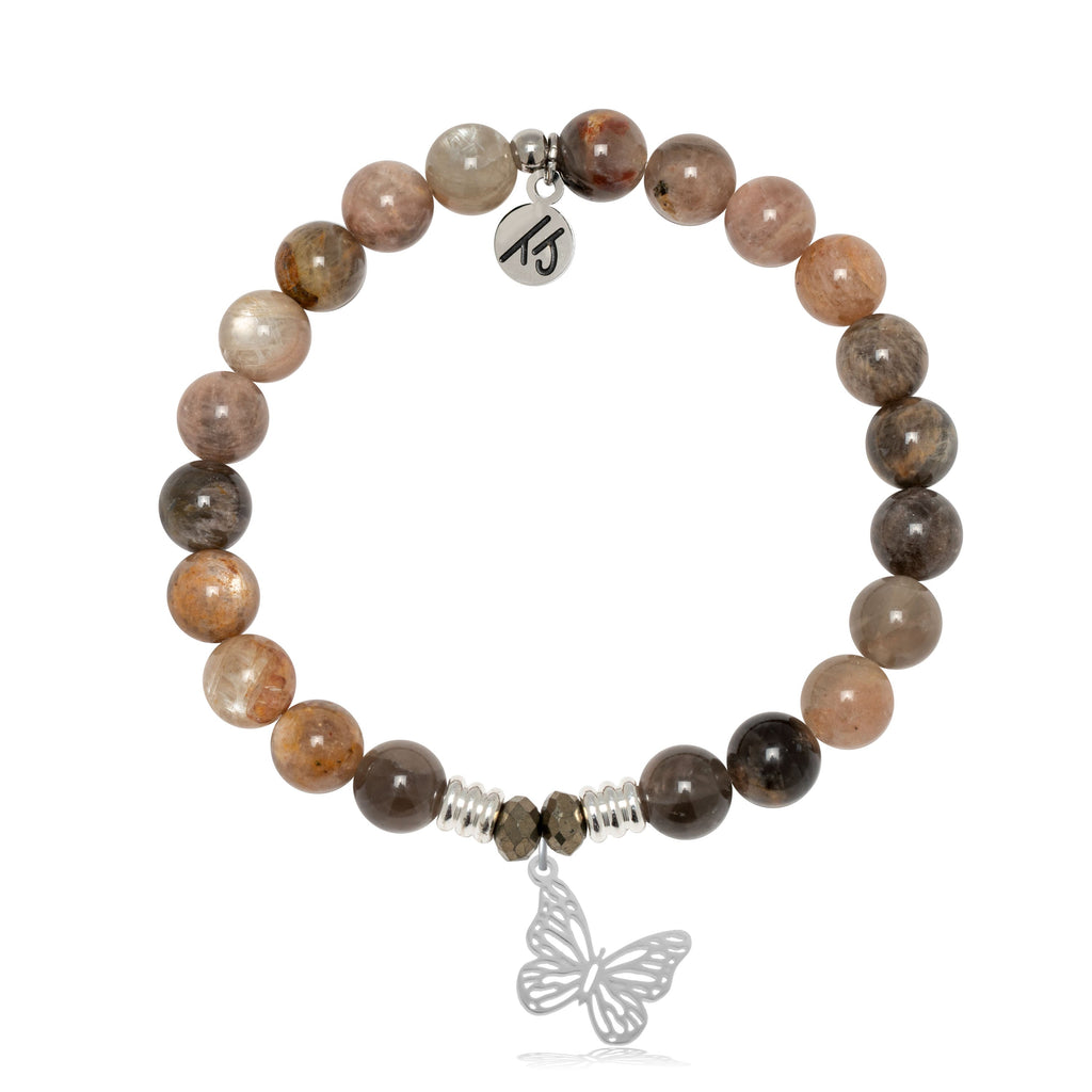 Sand Moonstone Gemstone Bracelet with Butterfly Sterling Silver Charm