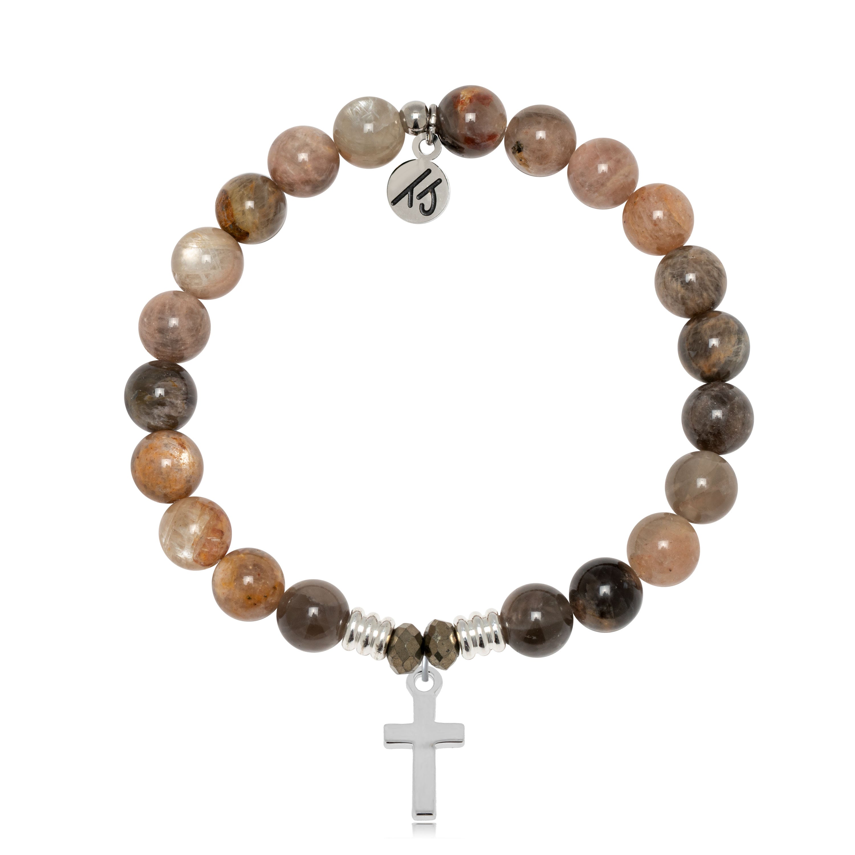 Sand Moonstone Gemstone Bracelet with Cross Sterling Silver Charm