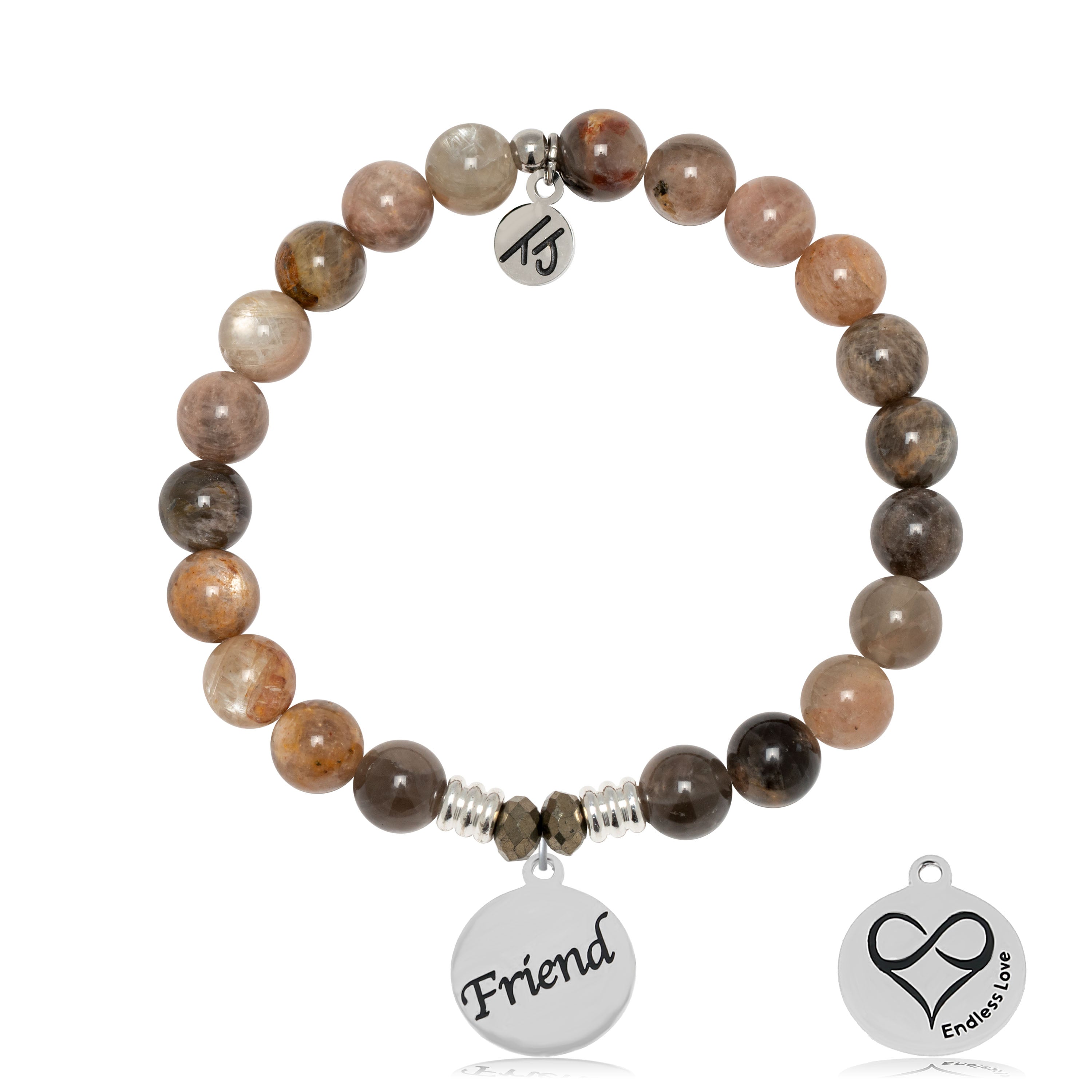 Sand Moonstone Gemstone Bracelet with Friend Sterling Silver Charm