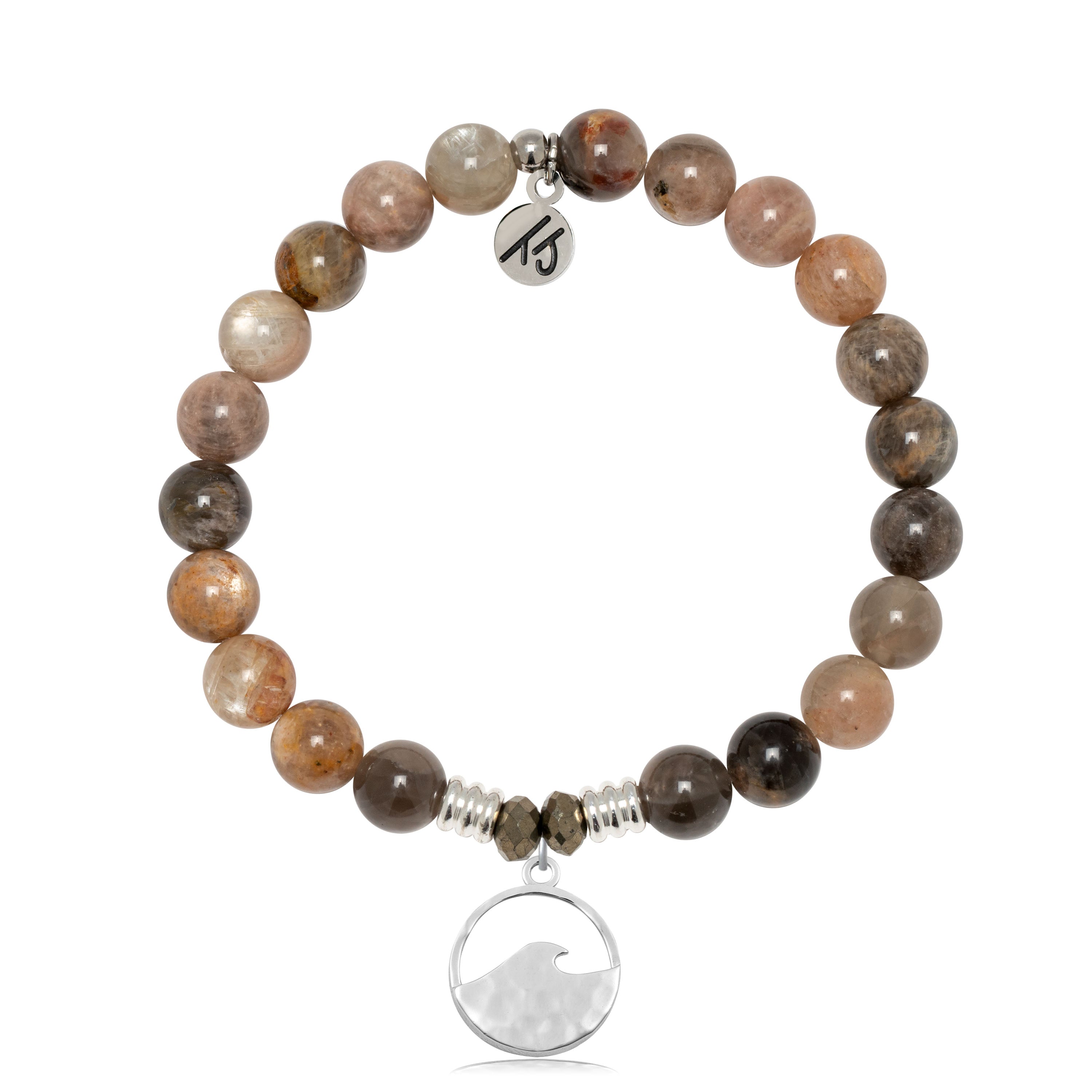 Sand Moonstone Gemstone Bracelet with Hammered Waves Sterling Silver Charm