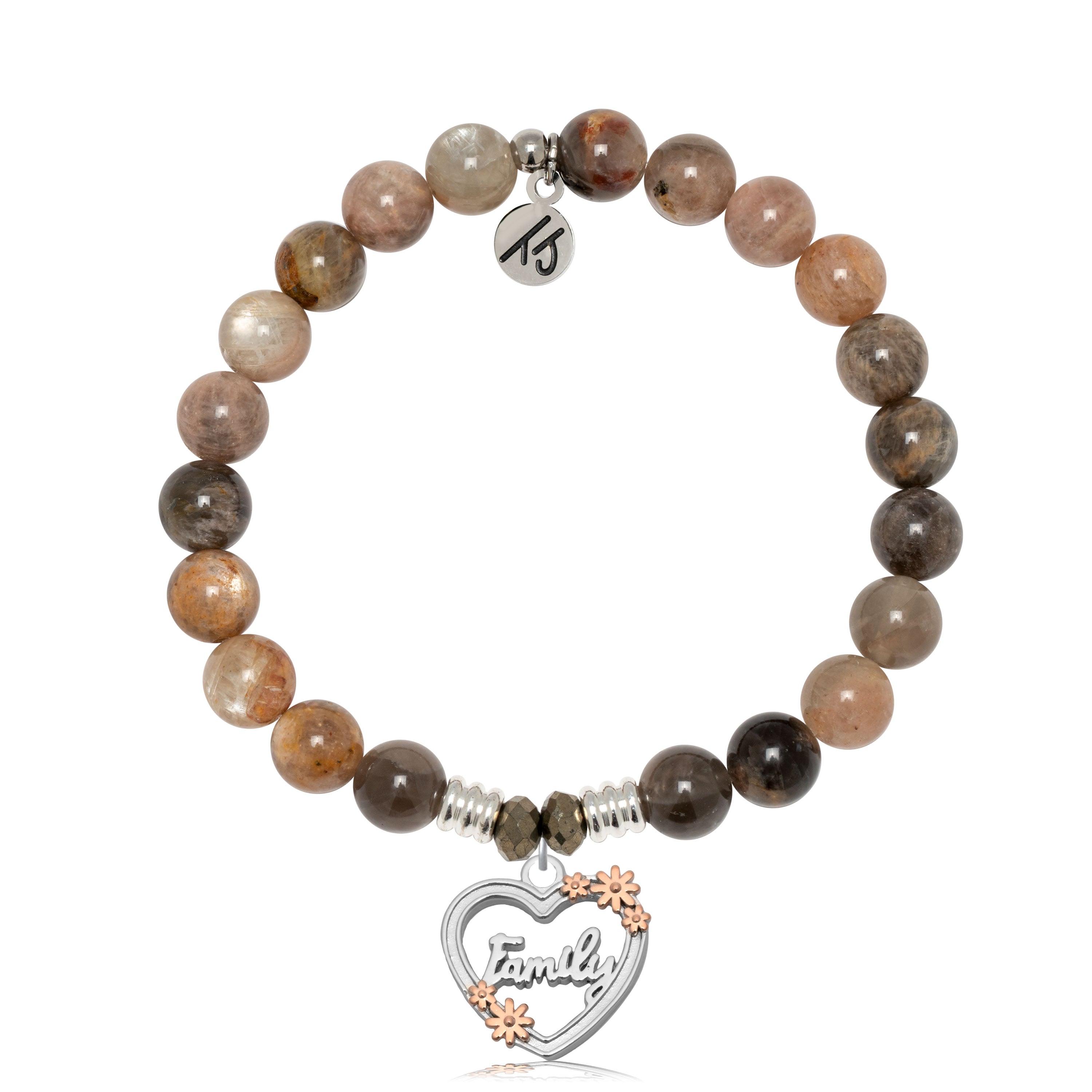 Sand Moonstone Gemstone Bracelet with Heart Family Sterling Silver Charm