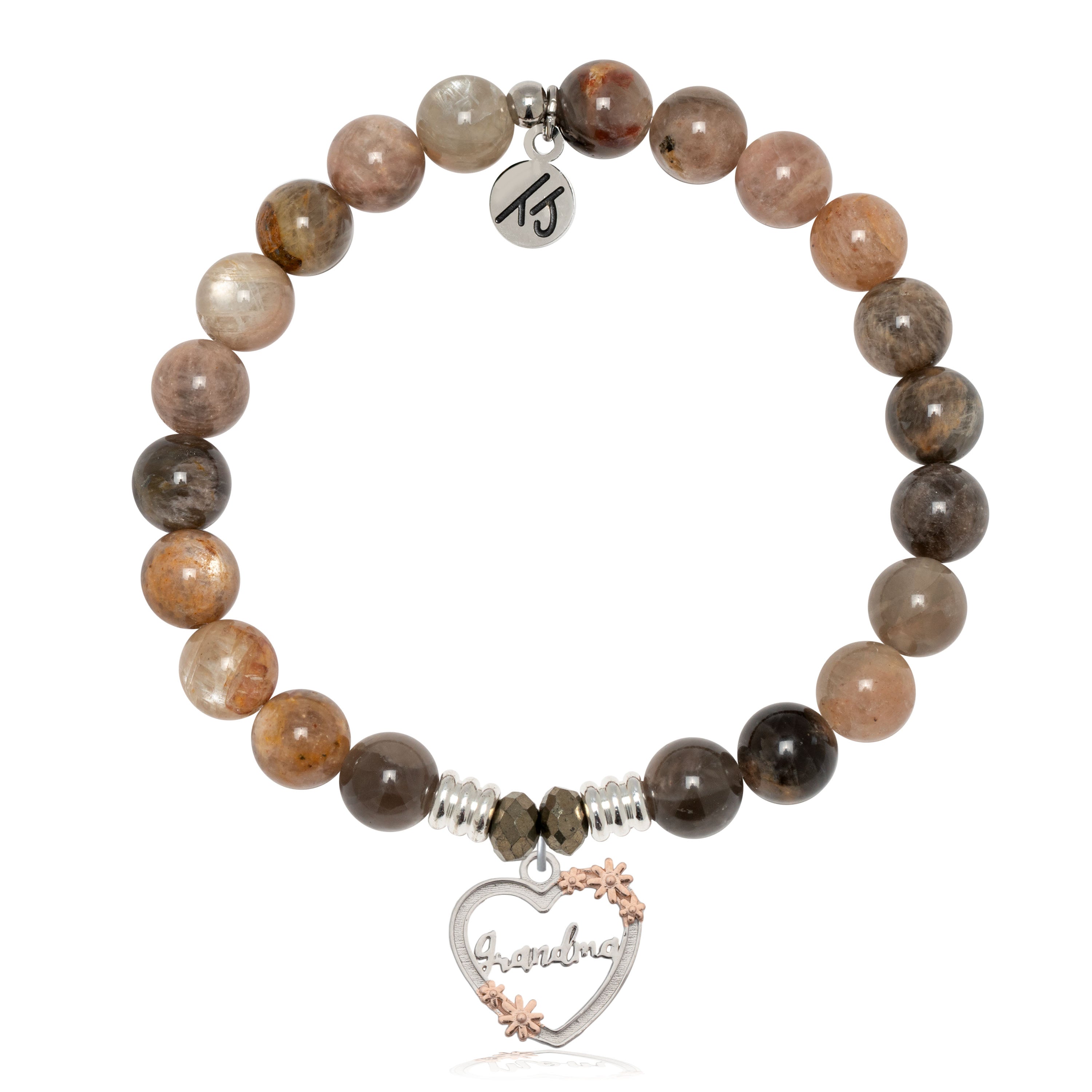 Sand Moonstone Gemstone Bracelet with Heart Grandma Sterling Silver Charm