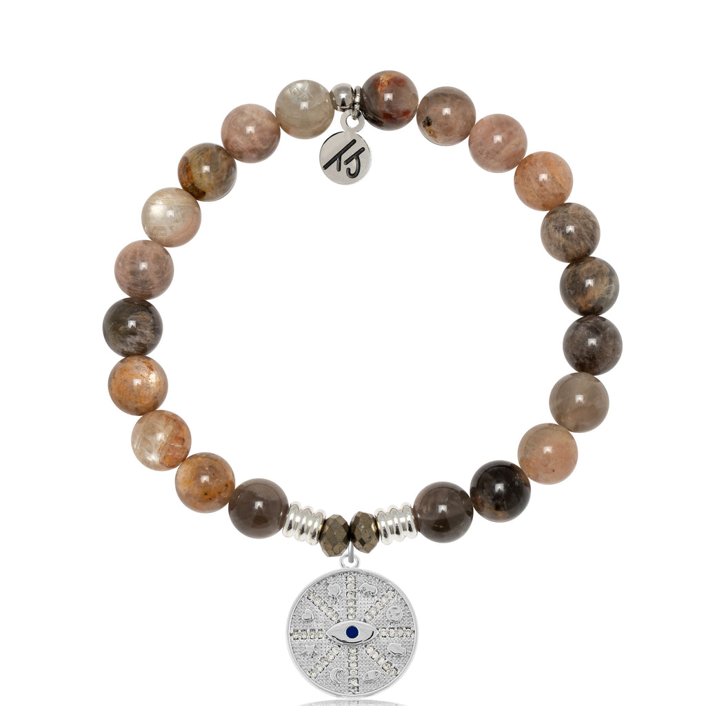 Sand Moonstone Gemstone Bracelet with Protection Sterling Silver Charm