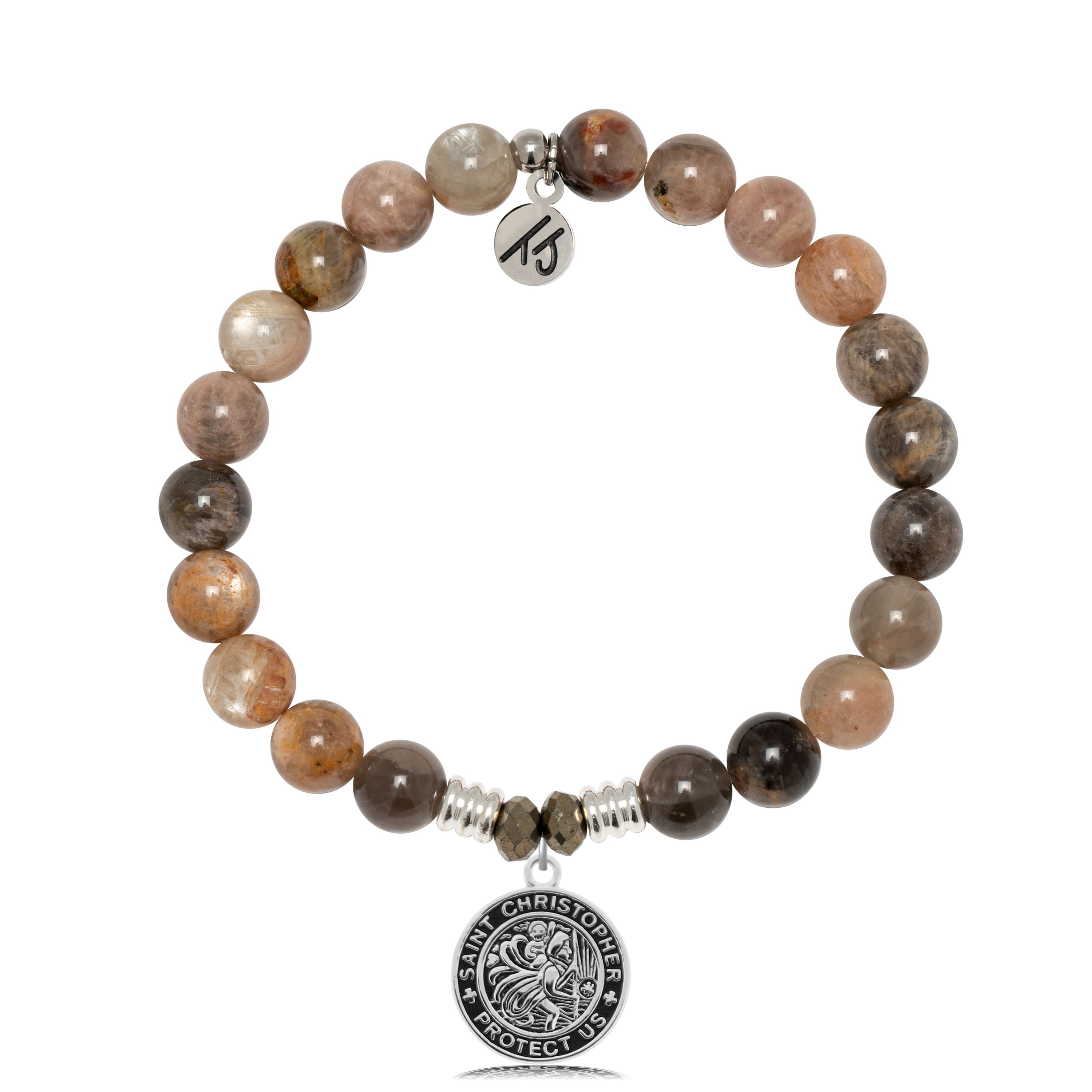 Sand Moonstone Gemstone Bracelet with Saint Christopher Sterling Silver Charm