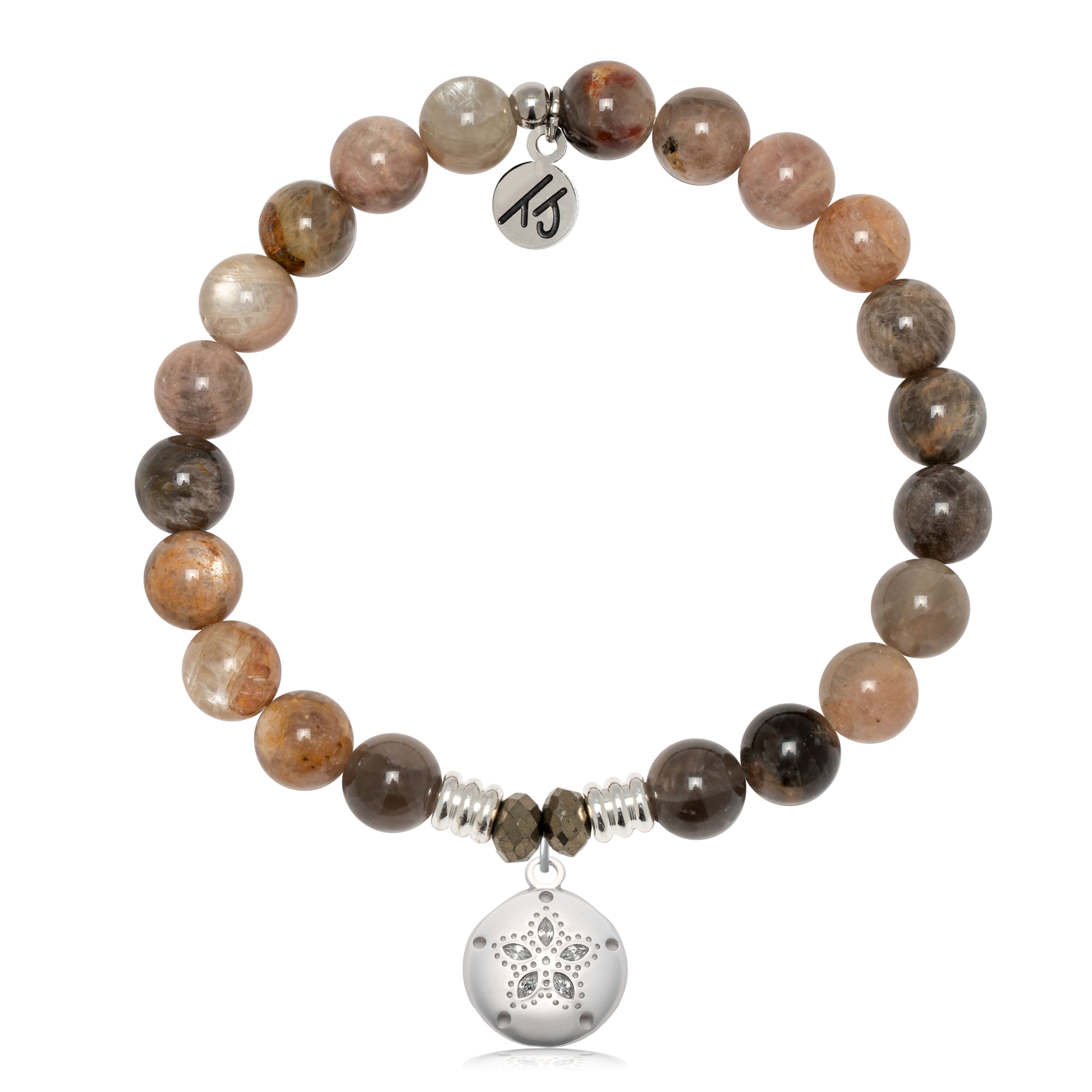 Sand Moonstone Gemstone Bracelet with Sand Dollar CZ Sterling Silver Charm
