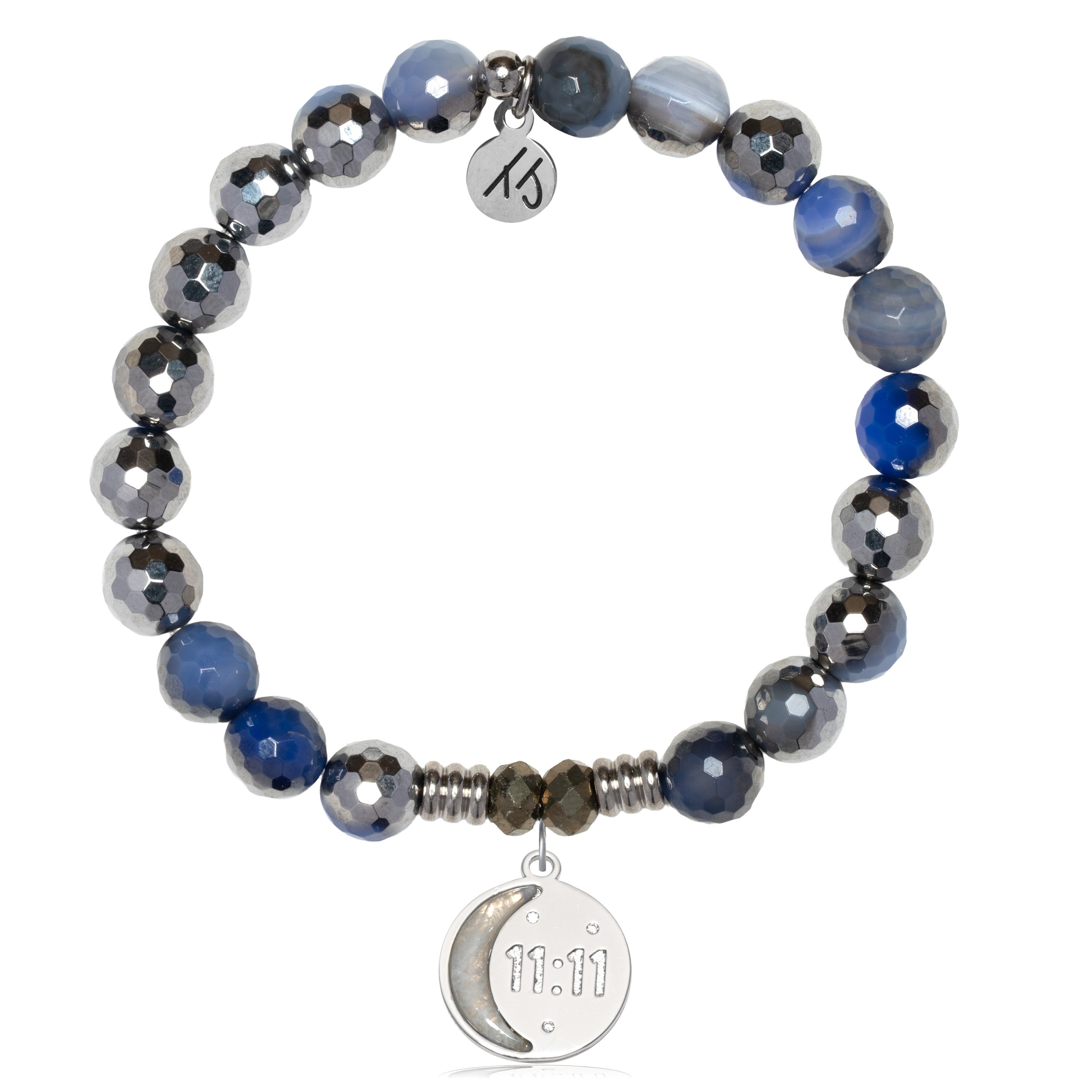 Silver Dipped Sky Blue Agate Gemstone Bracelet with 11:11 Sterling Silver Charm