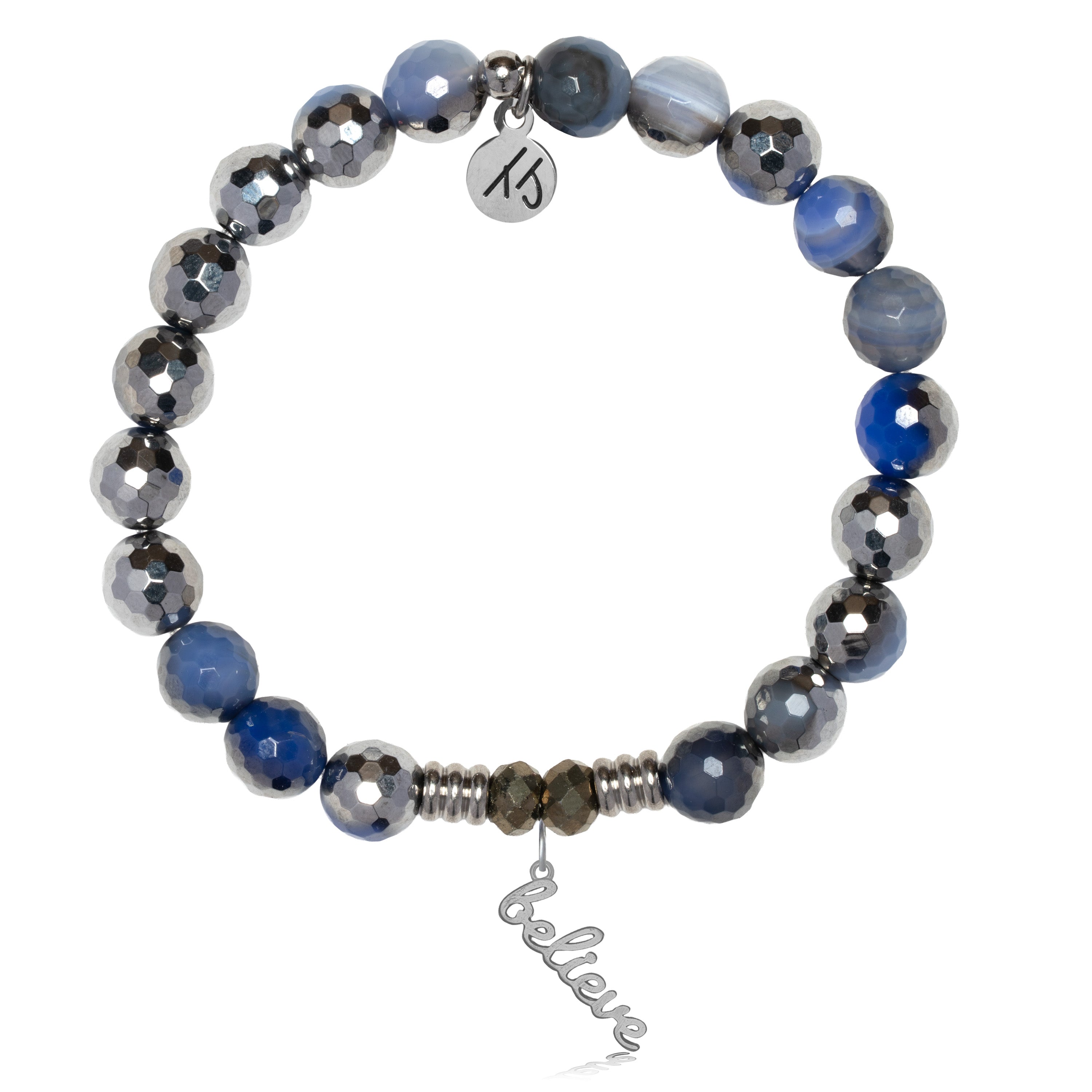 Silver Dipped Sky Blue Agate Gemstone Bracelet with Believe Sterling Silver Charm