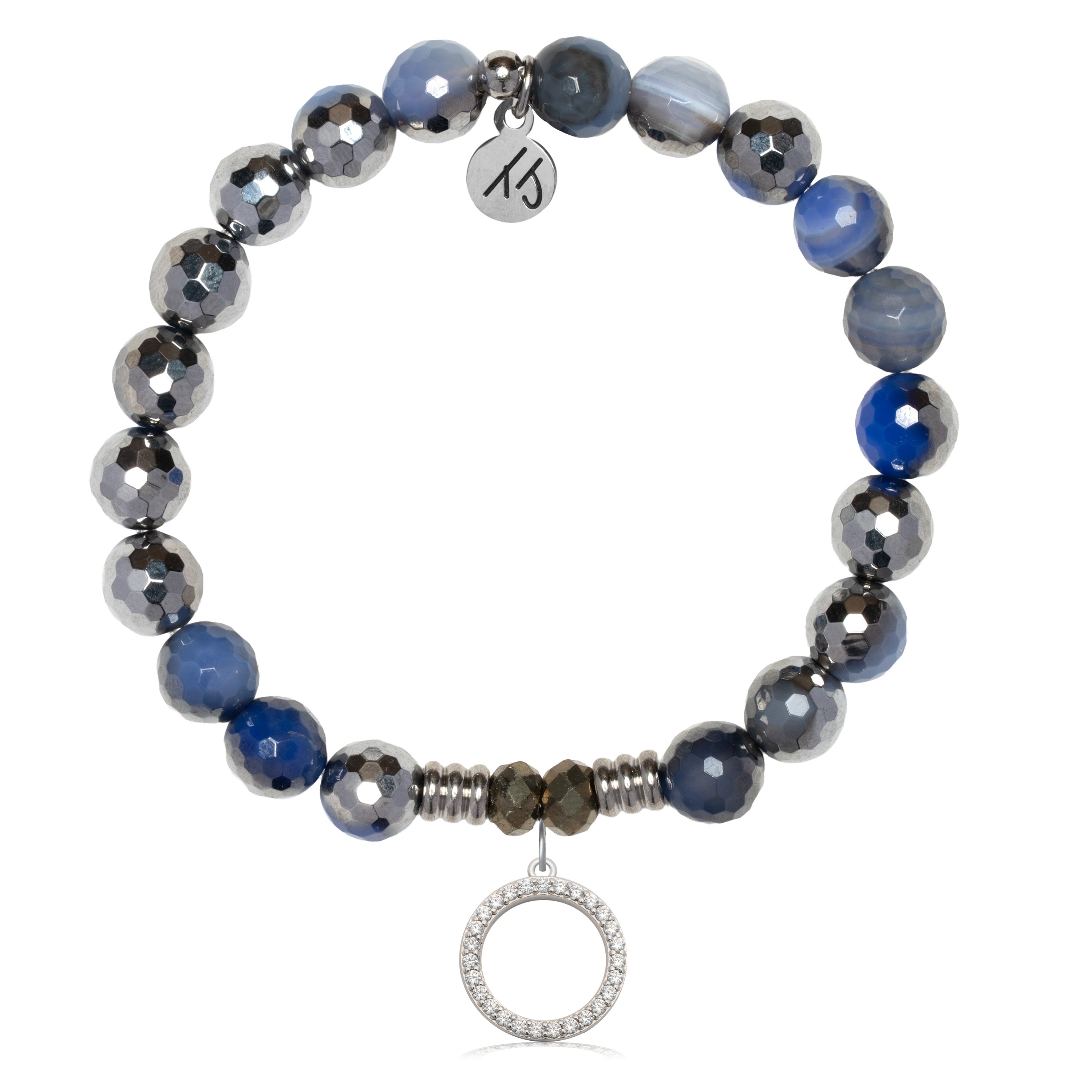 Silver Dipped Sky Blue Agate Gemstone Bracelet with Good Karma Sterling Silver Charm