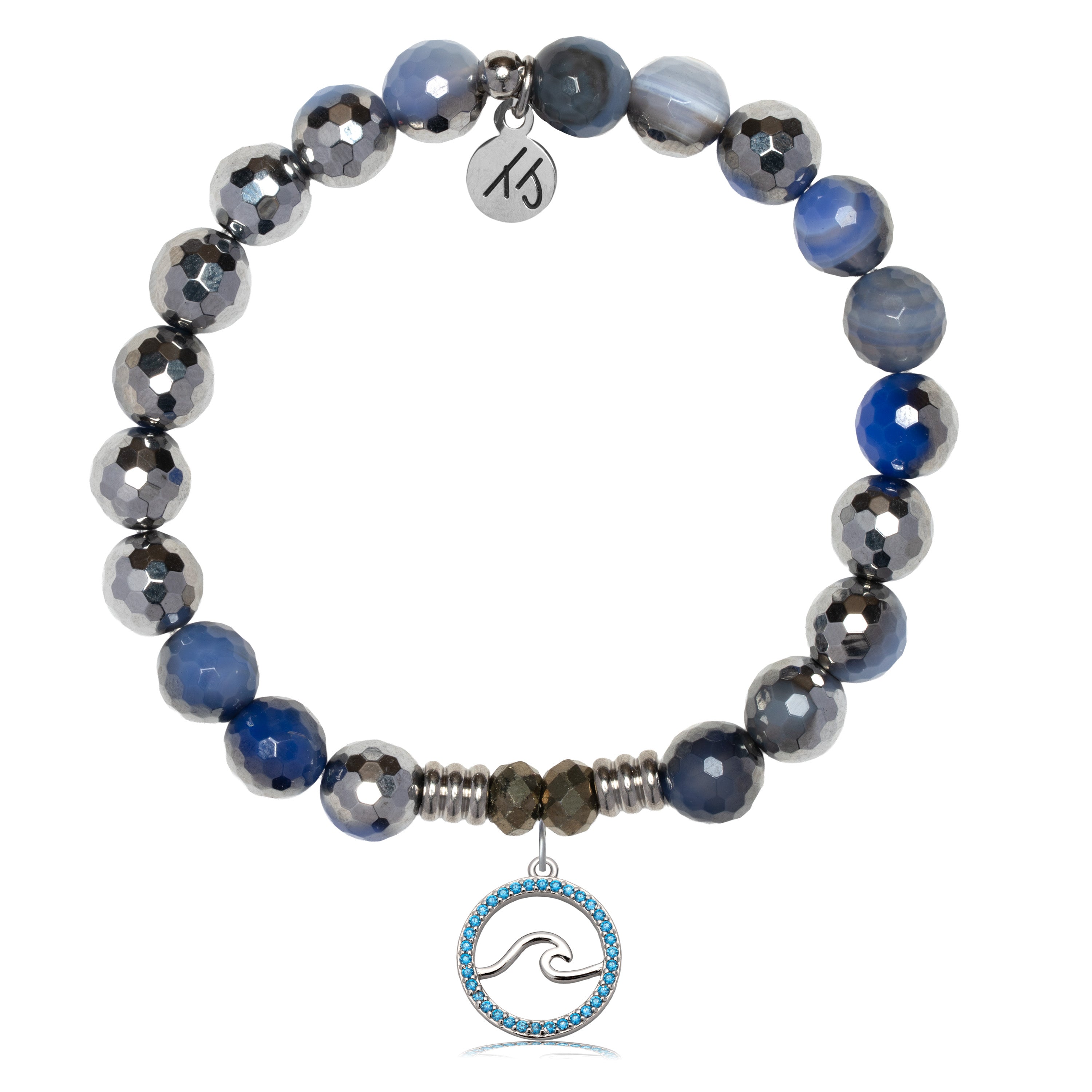 Silver Dipped Sky Blue Agate Gemstone Bracelet with Serenity Wave Sterling Silver Charm