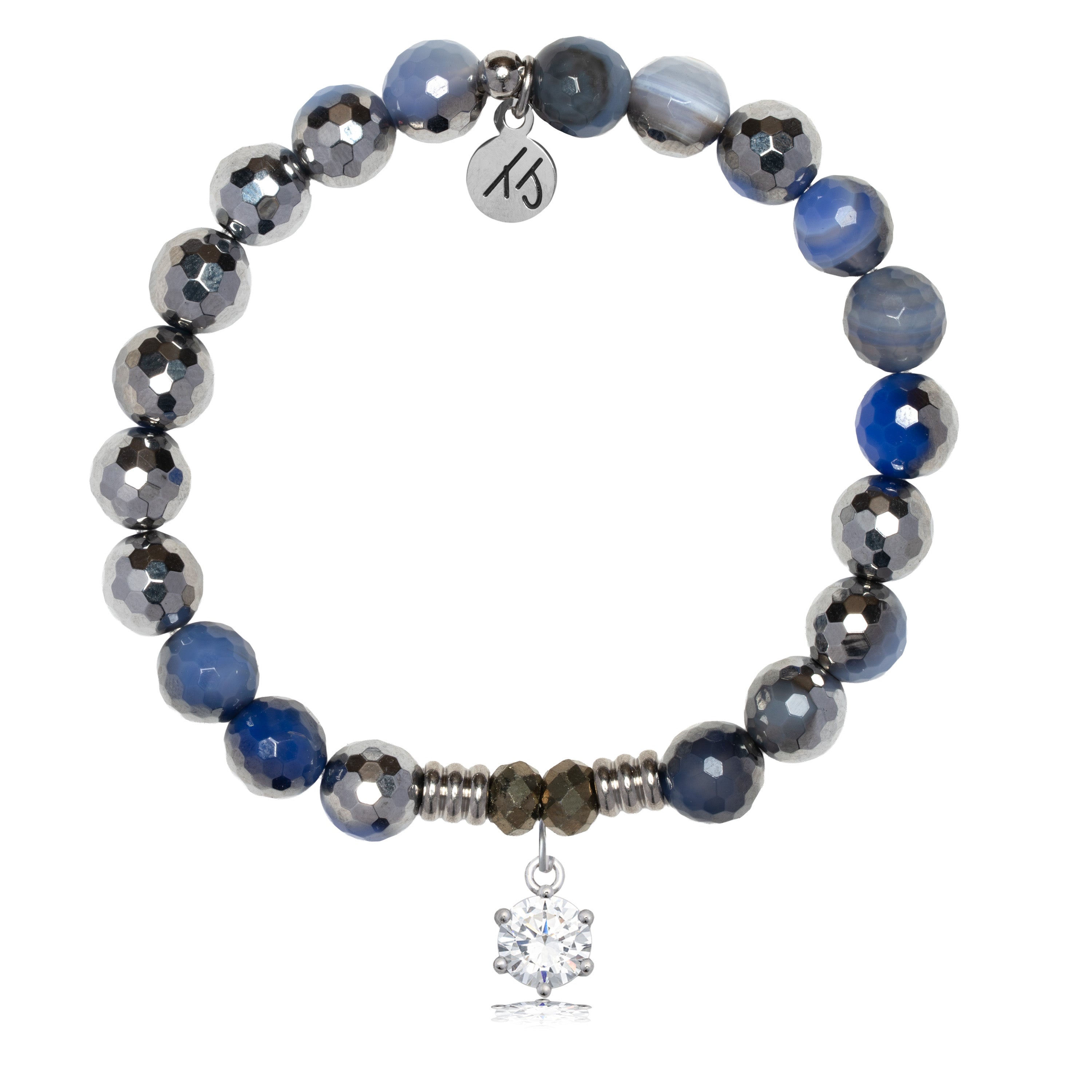 Silver Dipped Sky Blue Agate Gemstone Bracelet with Shine Like A Diamond Sterling Silver Charm