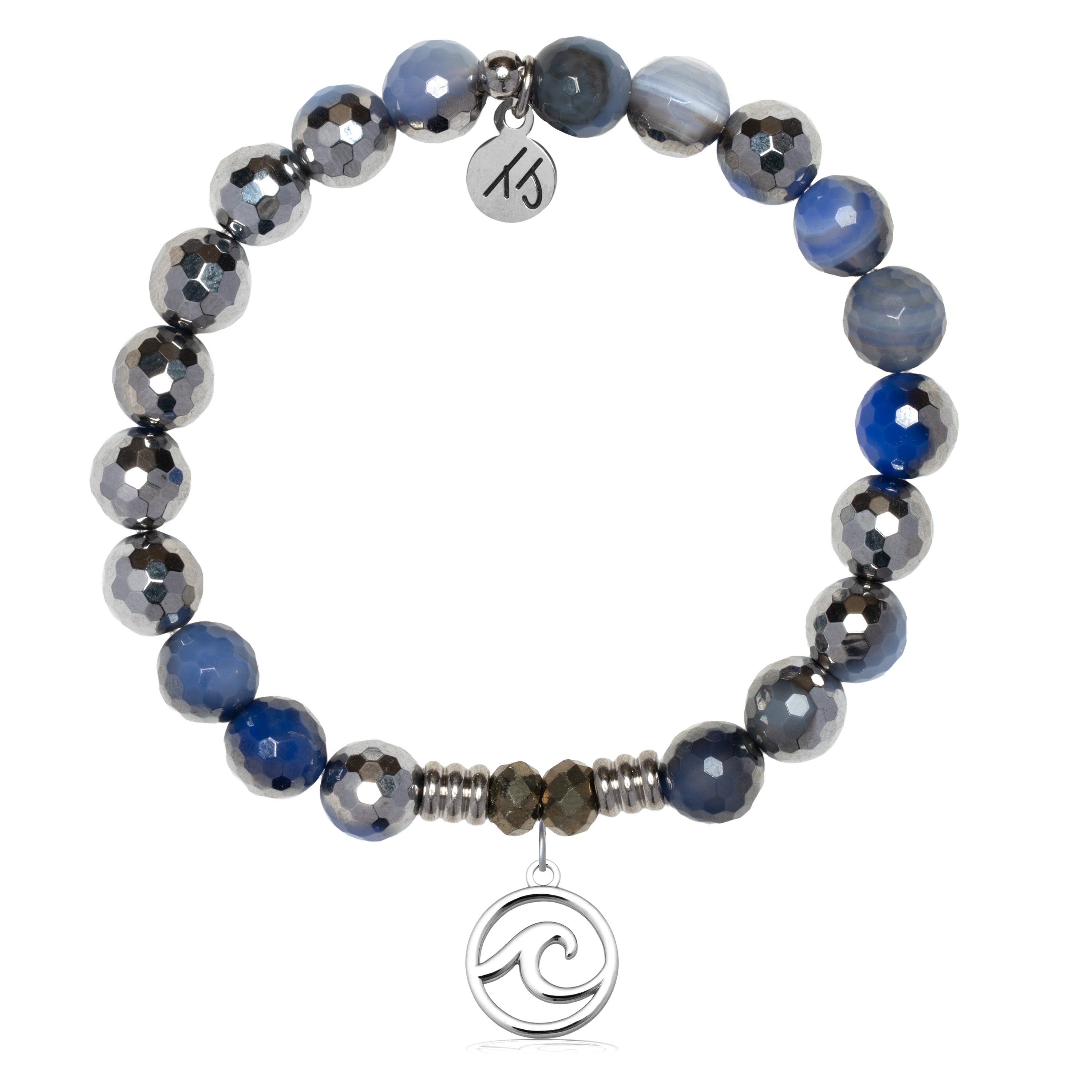 Silver Dipped Sky Blue Agate Gemstone Bracelet with Wave Cutout Sterling Silver Charm