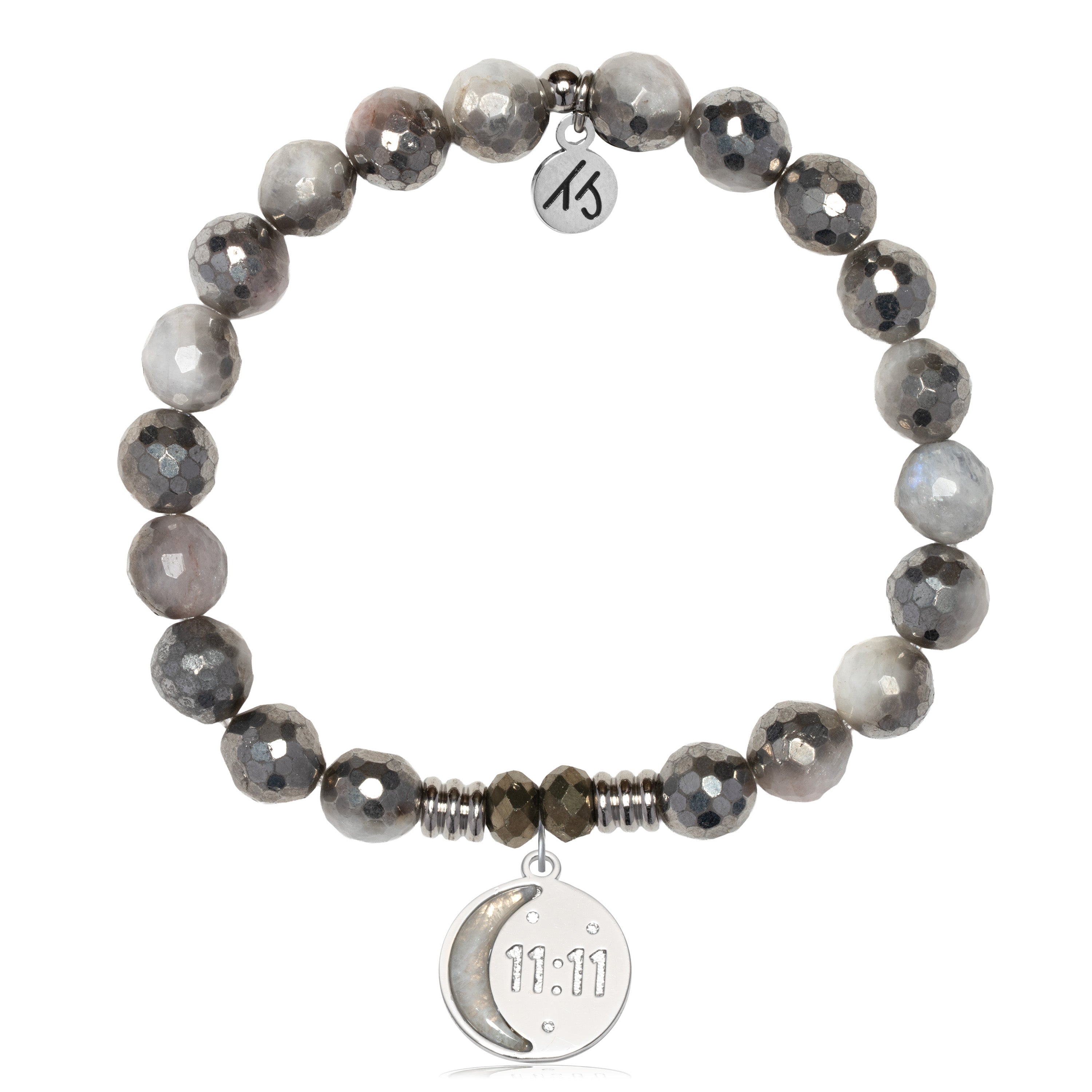 Silver Dipped White Moonstone Gemstone Bracelet with 11:11 Sterling Silver Charm