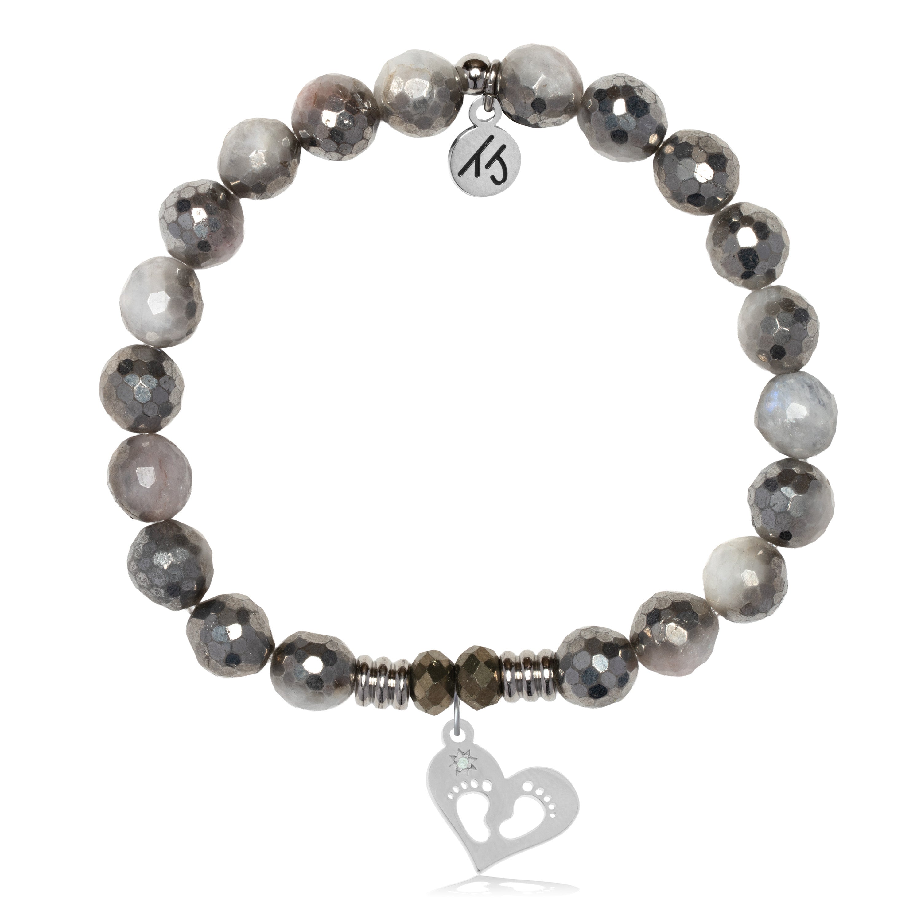 Silver Dipped White Moonstone Gemstone Bracelet with Baby Feet Sterling Silver Charm