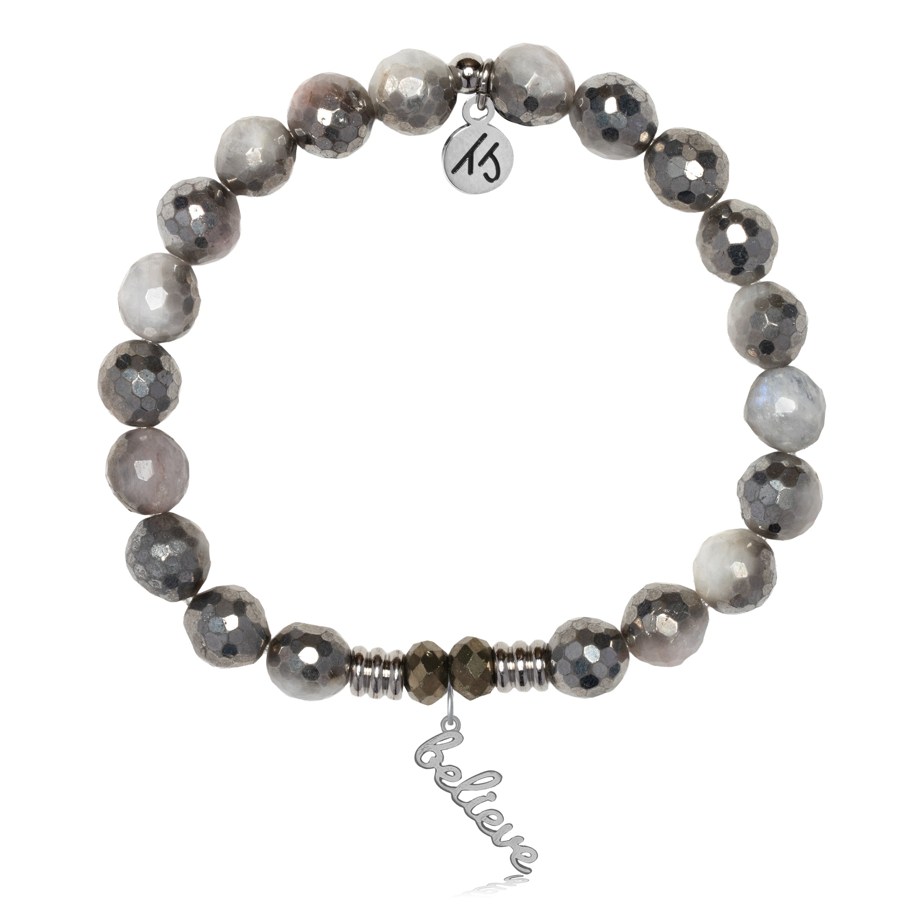 Silver Dipped White Moonstone Gemstone Bracelet with Believe in Yourself Sterling Silver Charm