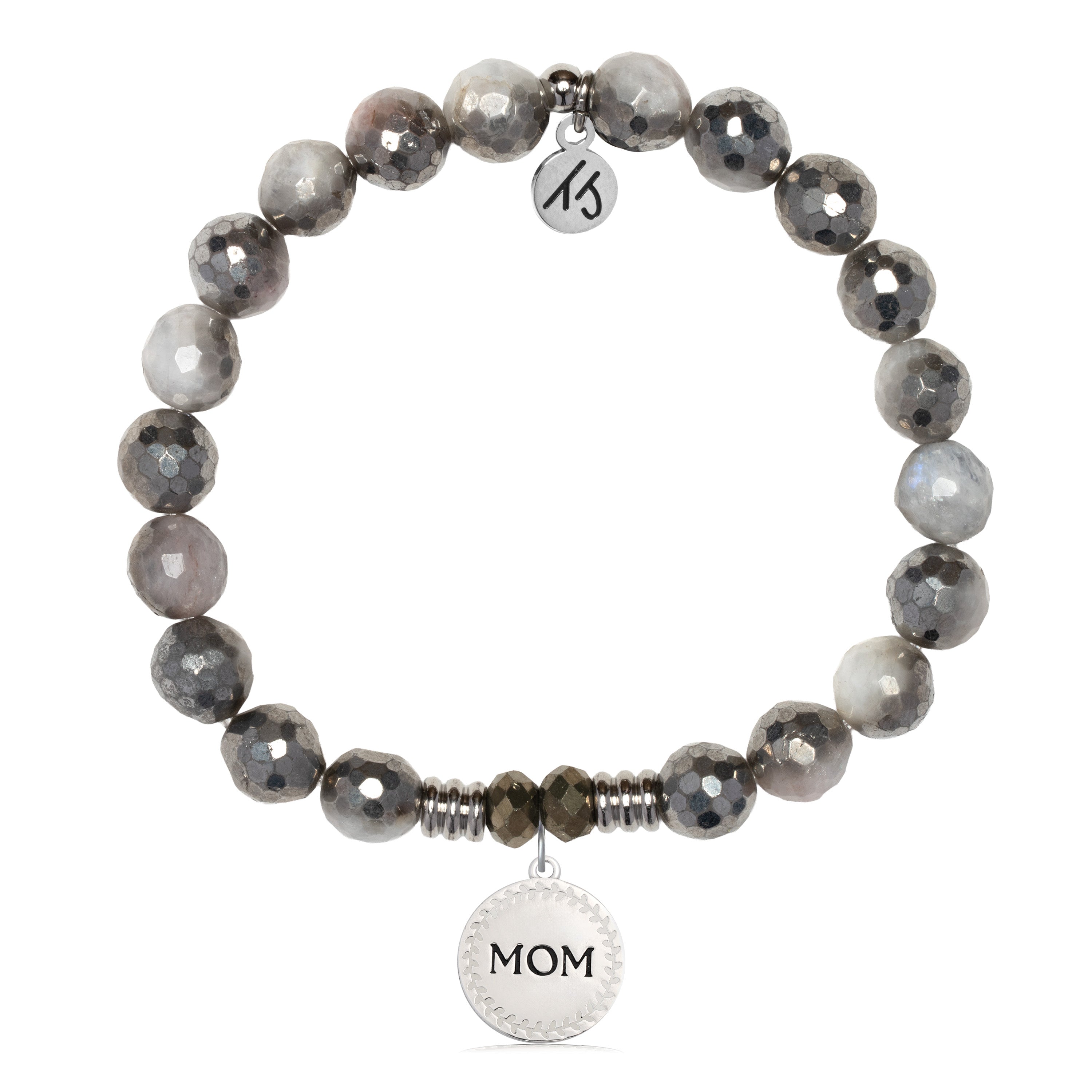 Silver Dipped White Moonstone Gemstone Bracelet with Endless Love Mom Sterling Silver Charm