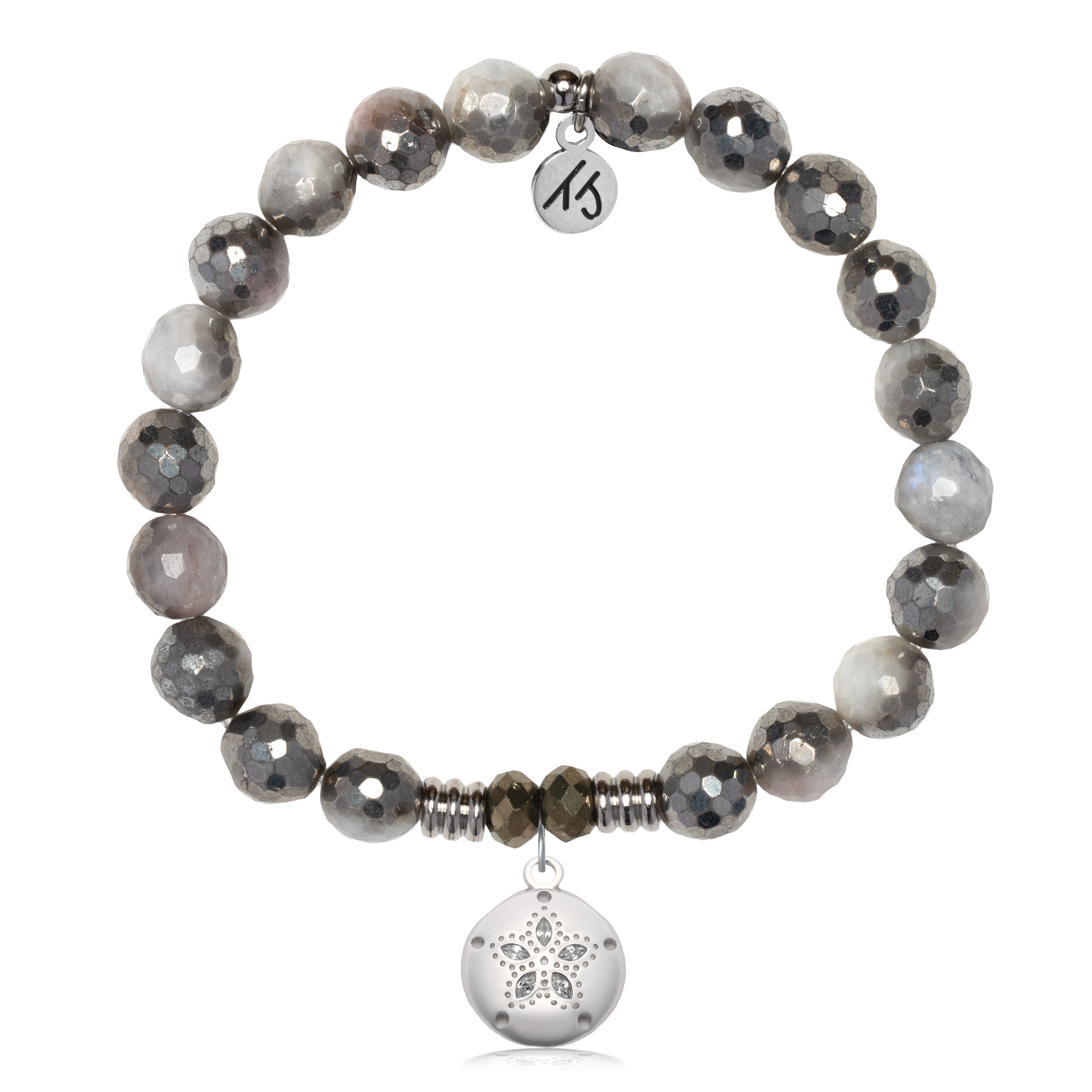 Silver Dipped White Moonstone Gemstone Bracelet with Sand Dollar CZ Sterling Silver Charm