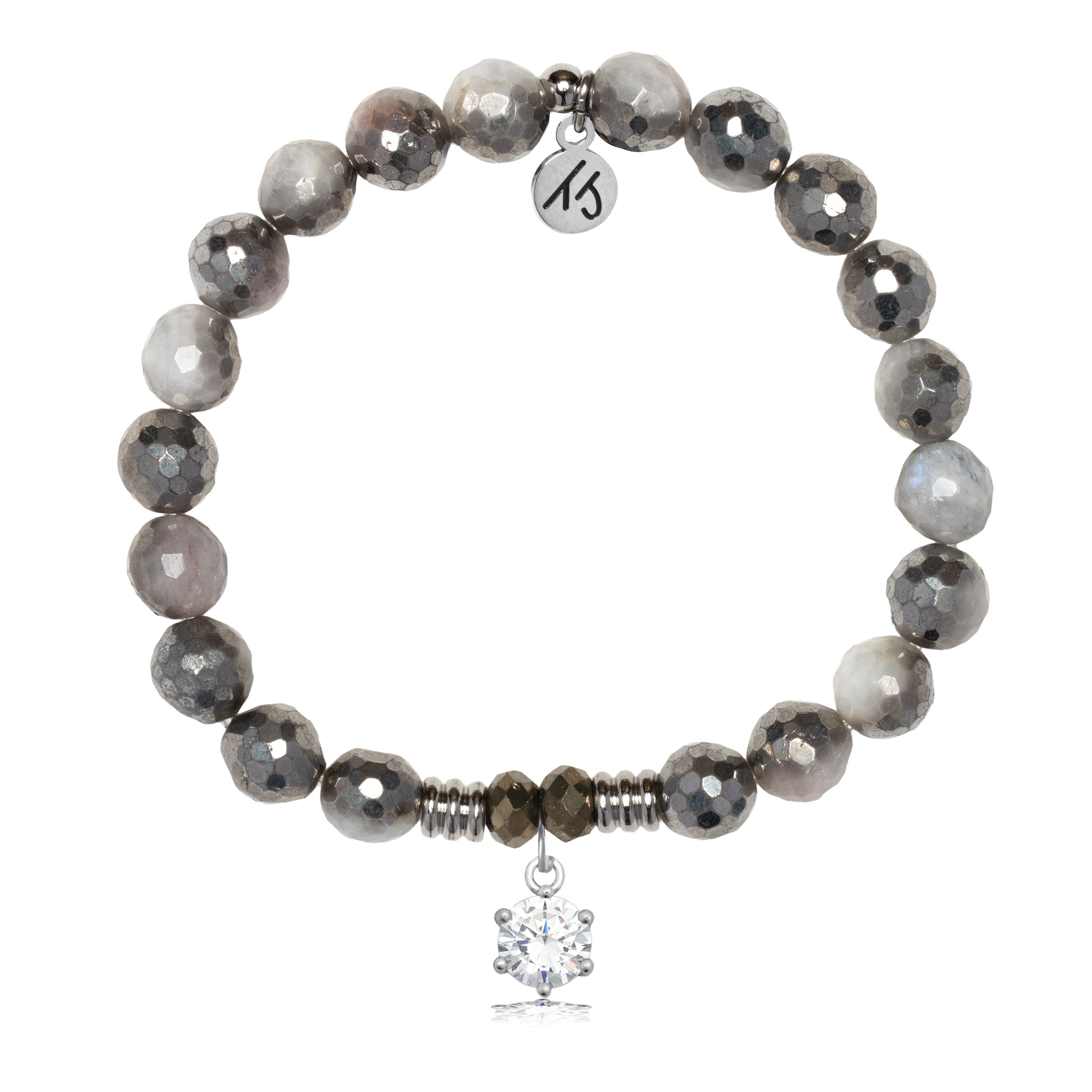 Silver Dipped White Moonstone Gemstone Bracelet with Shine Like A Diamond Sterling Silver Charm
