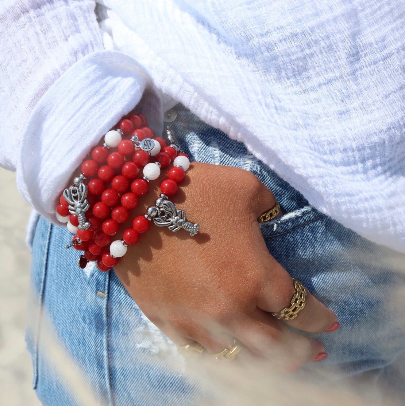 Silver Limited Edition Lobster Charm with Red Jade Gemstone Bracelet