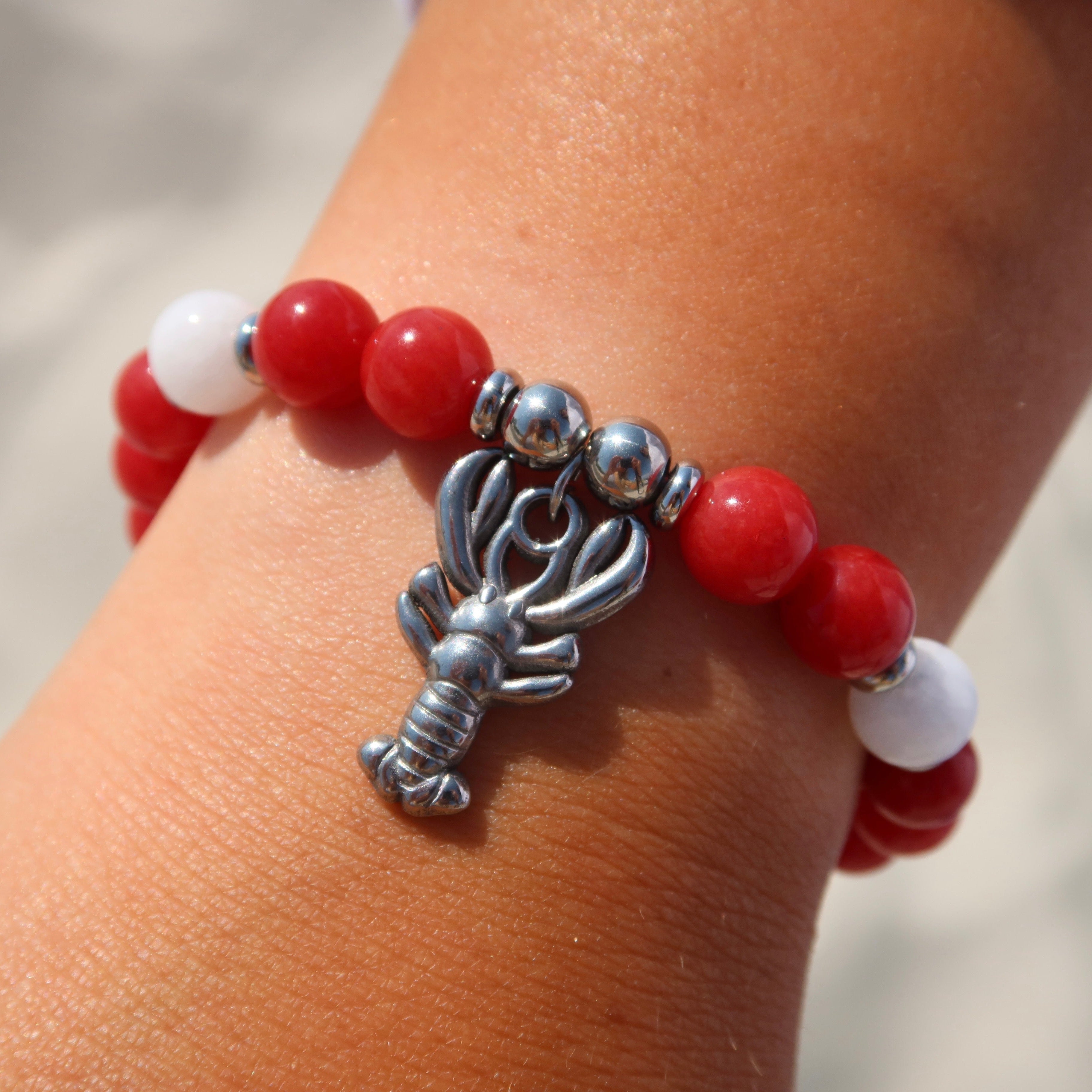 Silver Limited Edition Lobster Charm with Red Jade Gemstone Bracelet
