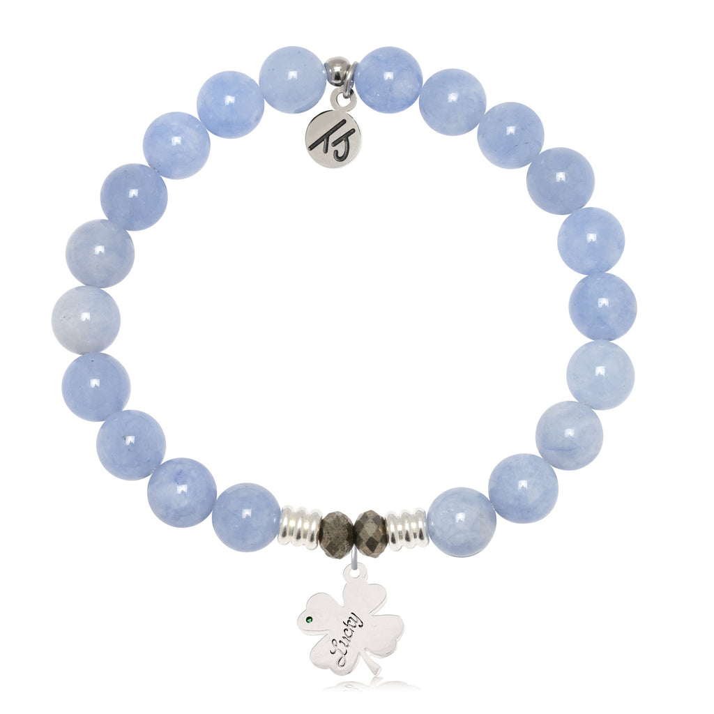 Sky Blue Jade Gemstone Bracelet with Lucky Clover Sterling Silver Charm
