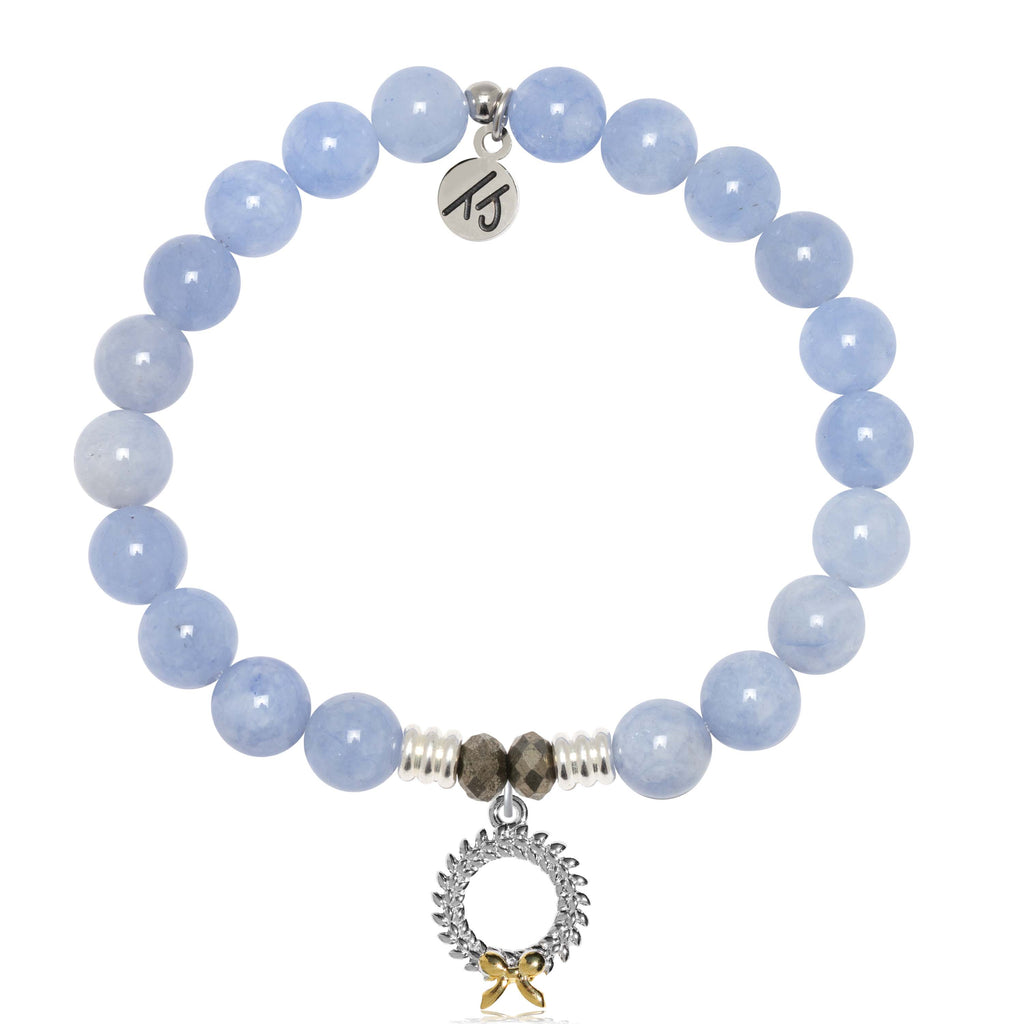 Sky Blue Jade Gemstone Bracelet with Wreath Sterling Silver Charm