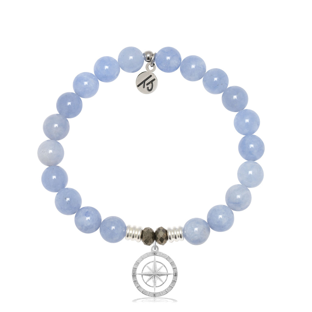 Sky Blue Jade Stone Bracelet with Compass Rose Sterling Silver Charm