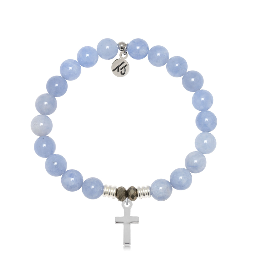 Sky Blue Jade Stone Bracelet with Cross Sterling Silver Charm