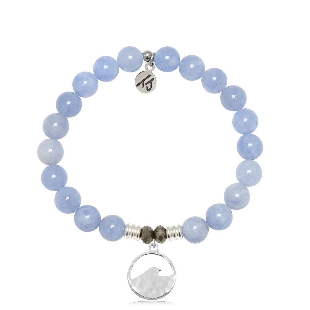 Sky Blue Jade Stone Bracelet with Hammered Waves Sterling Silver Charm