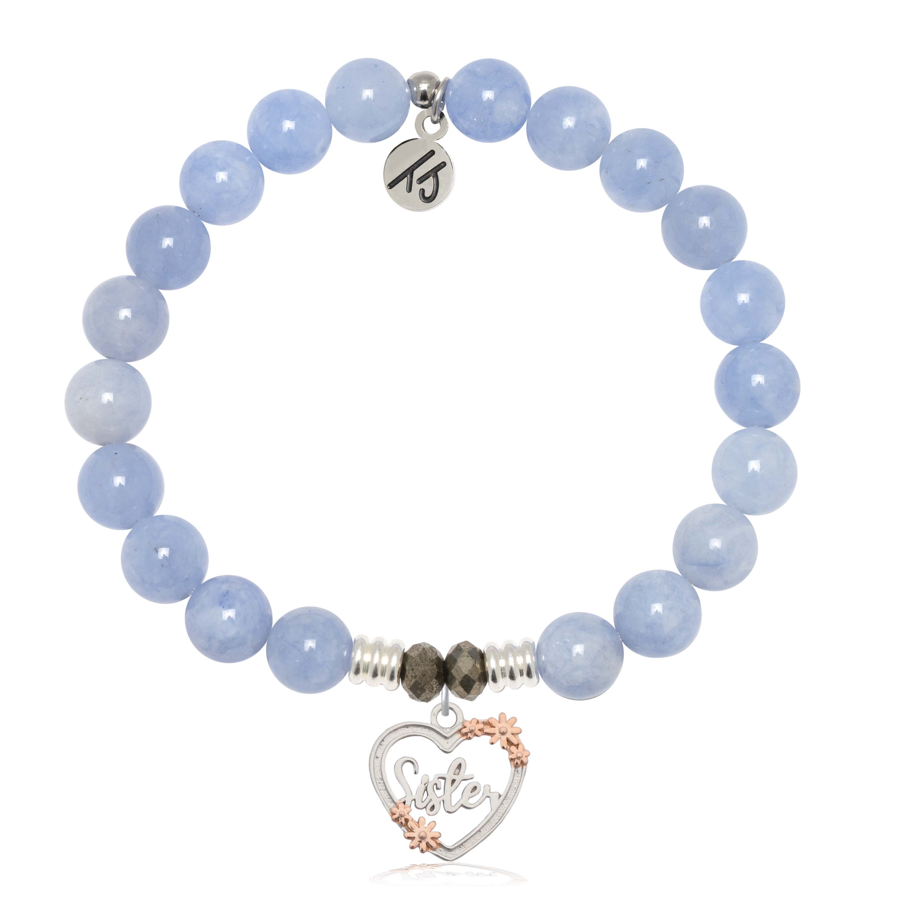 Sky Blue Jade Stone Bracelet with Heart Sister Sterling Silver Charm