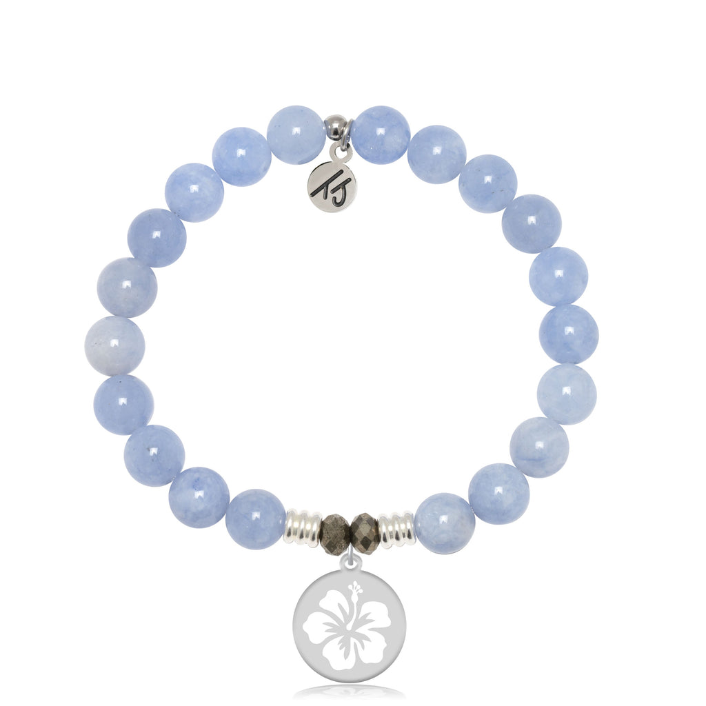 Sky Blue Jade Stone Bracelet with Hibiscus Sterling Silver Charm