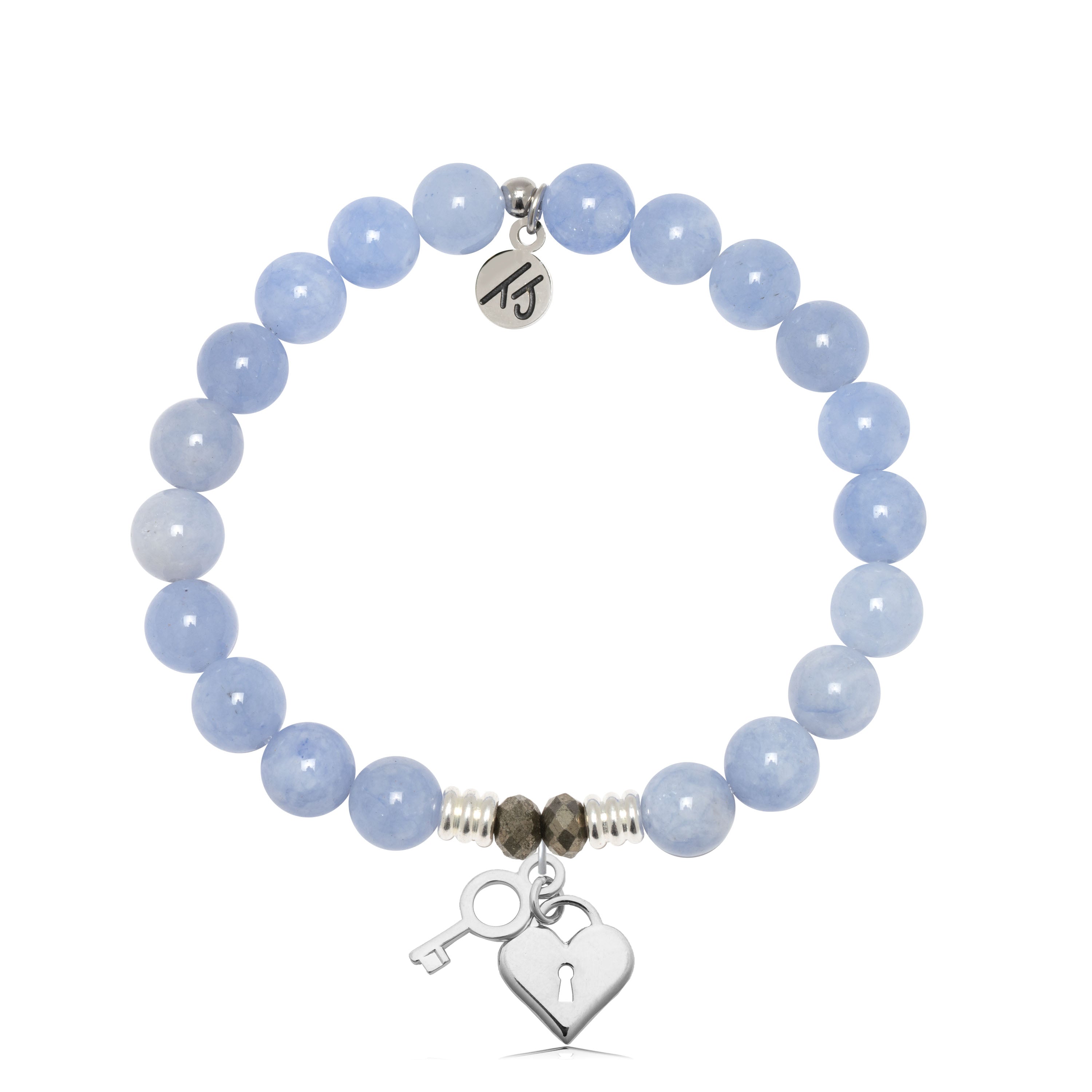 Sky Blue Jade Stone Bracelet with Key to my Heart Sterling Silver Charm
