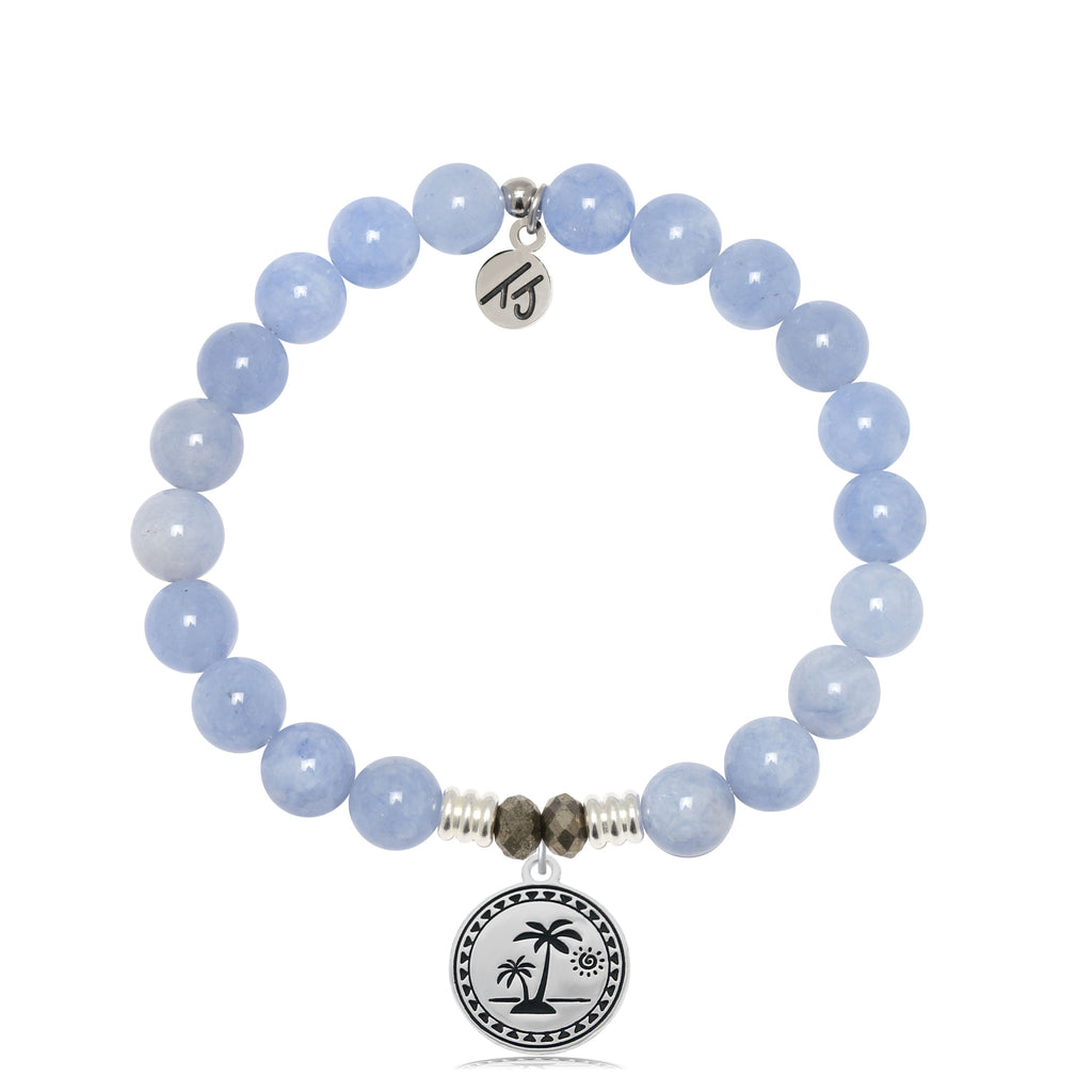 Sky Blue Jade Stone Bracelet with Palm Tree Sterling Silver Charm