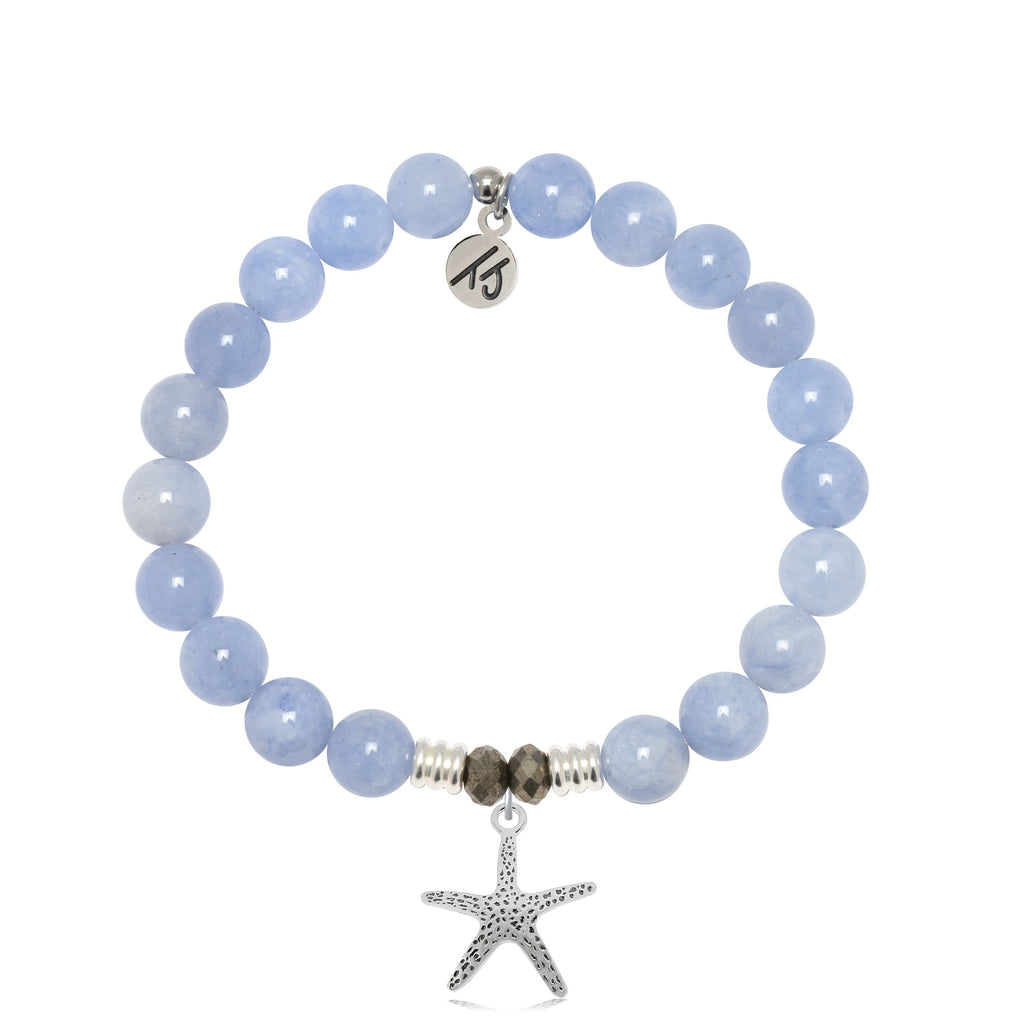 Sky Blue Jade Stone Bracelet with Starfish Sterling Silver Charm