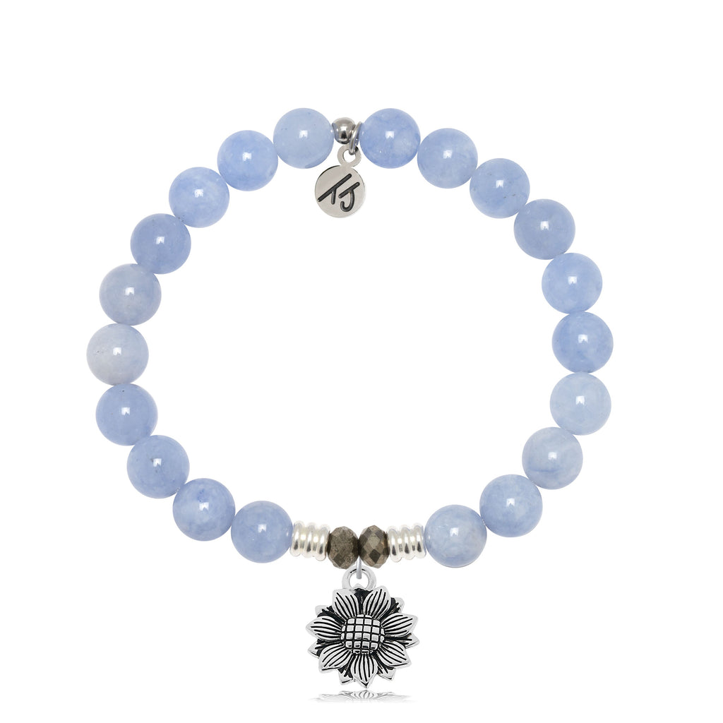 Sky Blue Jade Stone Bracelet with Sunflower Sterling Silver Charm