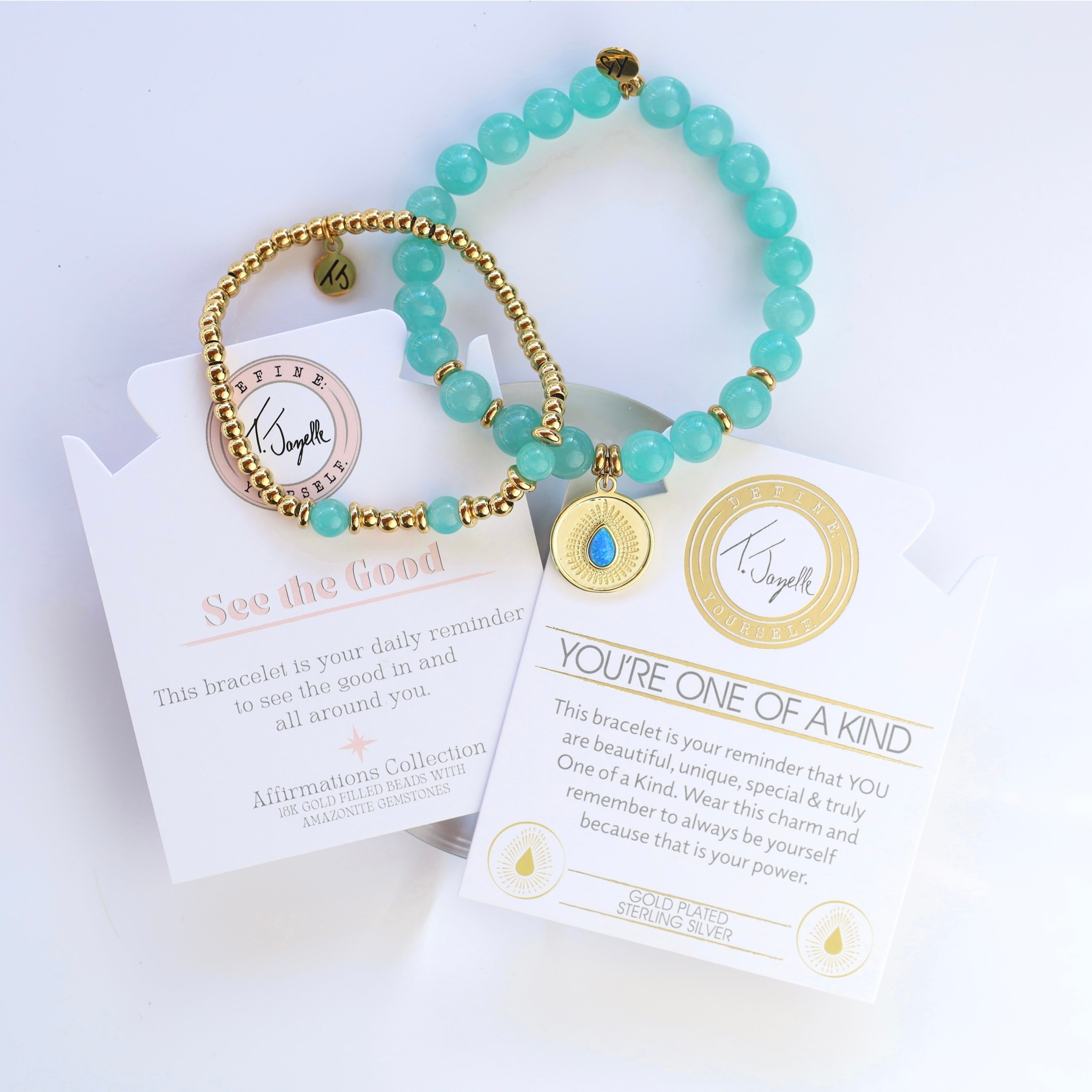 Stack Set- Aqua Amazonite One of a Kind Charm Bracelet with Gold Aqua Amazonite Affirmations Bracelet
