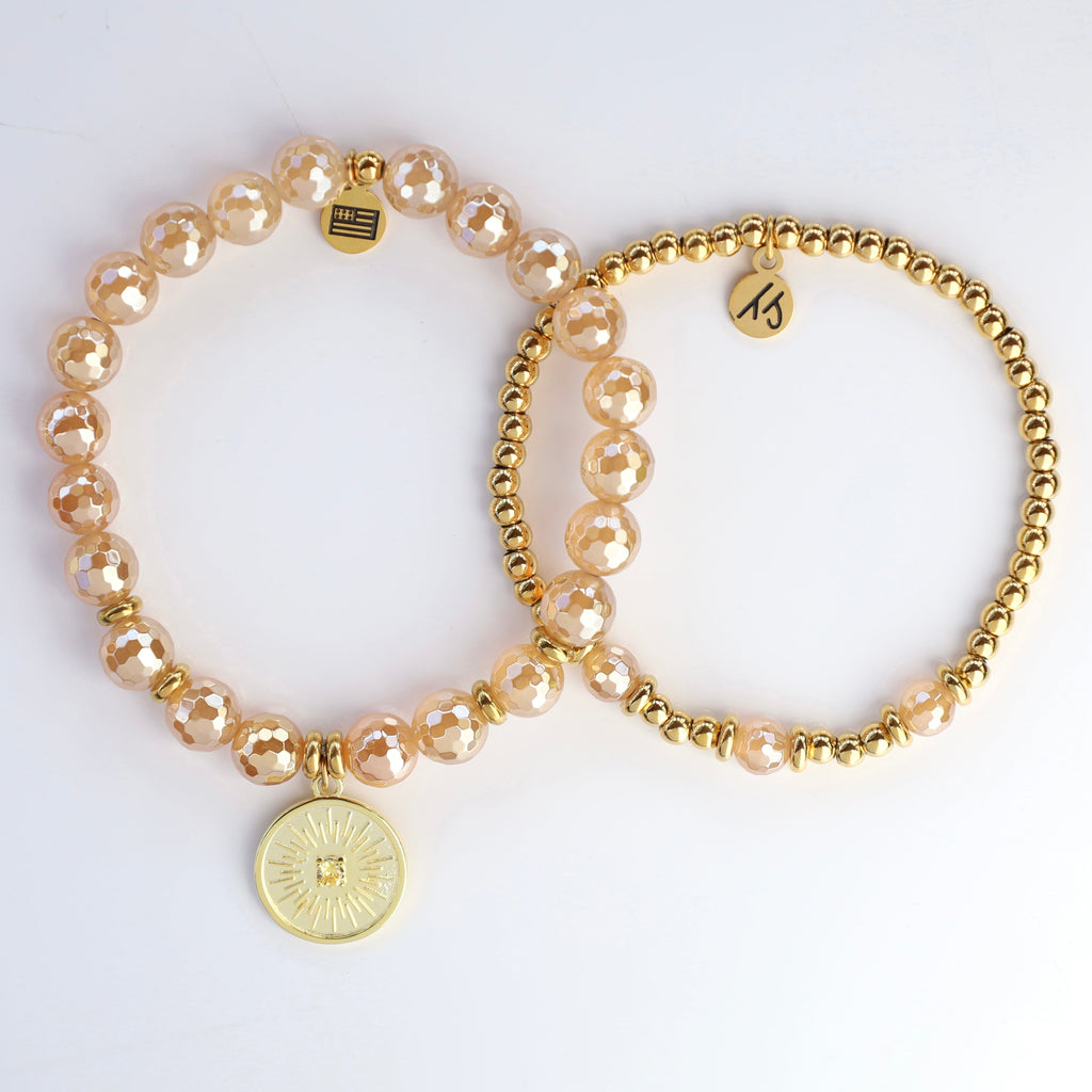 Stack Set- Champagne Agate You Are My Sunshine Gold Charm Bracelet with Gold Champagne Agate Affirmations Bracelet
