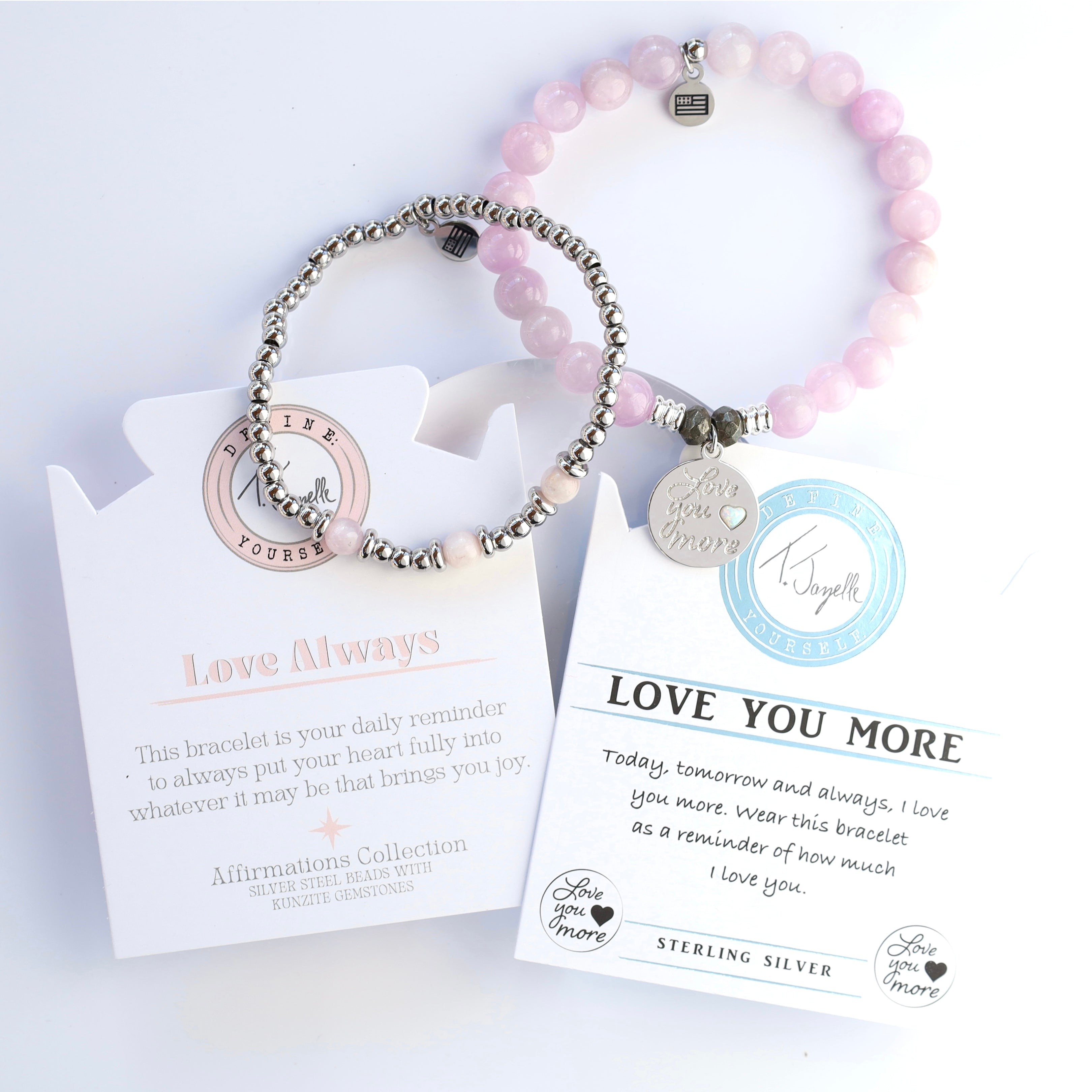 Stack Set- Mauve Jade Love You More Silver Charm Bracelet with Silver Mauve Jade Affirmations Bracelet