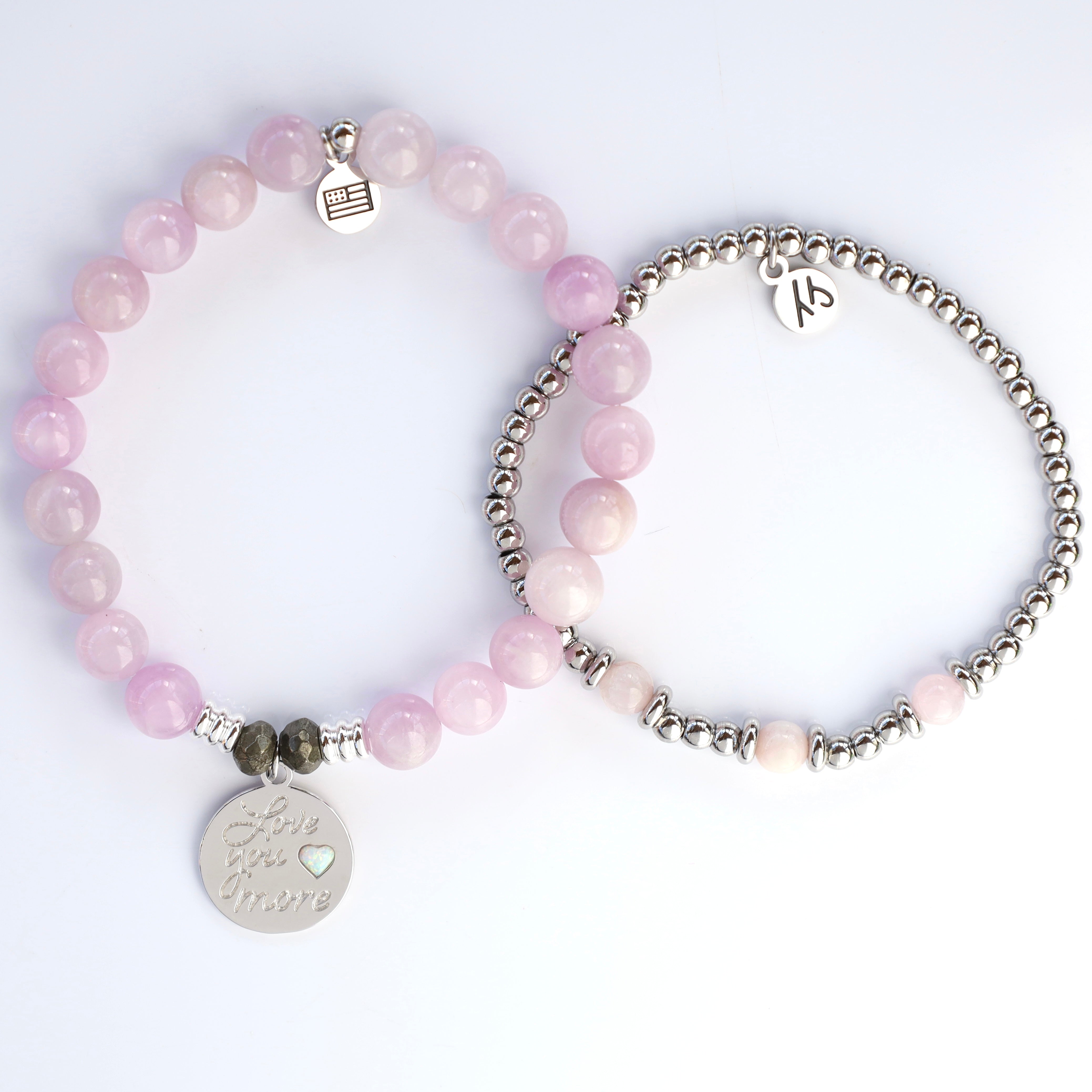 Stack Set- Mauve Jade Love You More Silver Charm Bracelet with Silver Mauve Jade Affirmations Bracelet