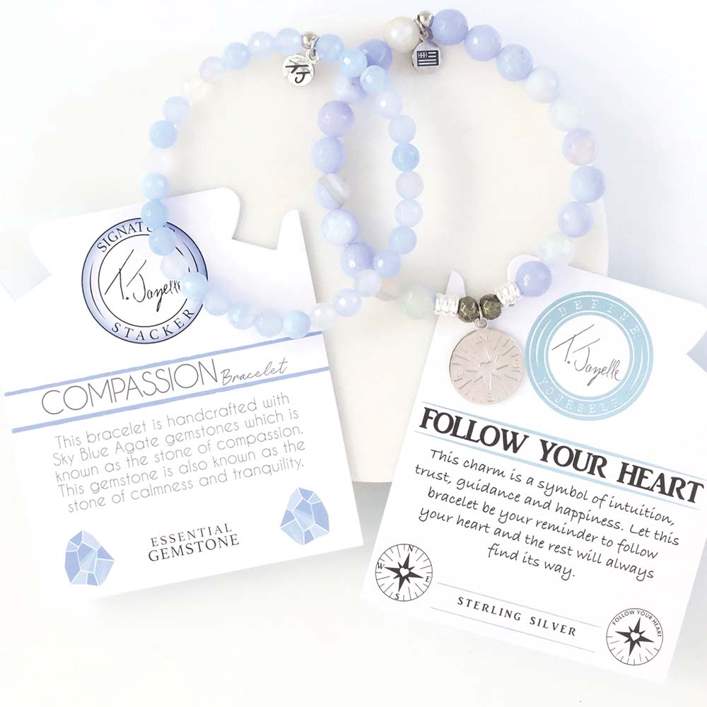 Stack Set- Sky Blue Agate with Follow Your Heart Sterling Silver Charm Bracelet and Sky Blue Agate Stacker