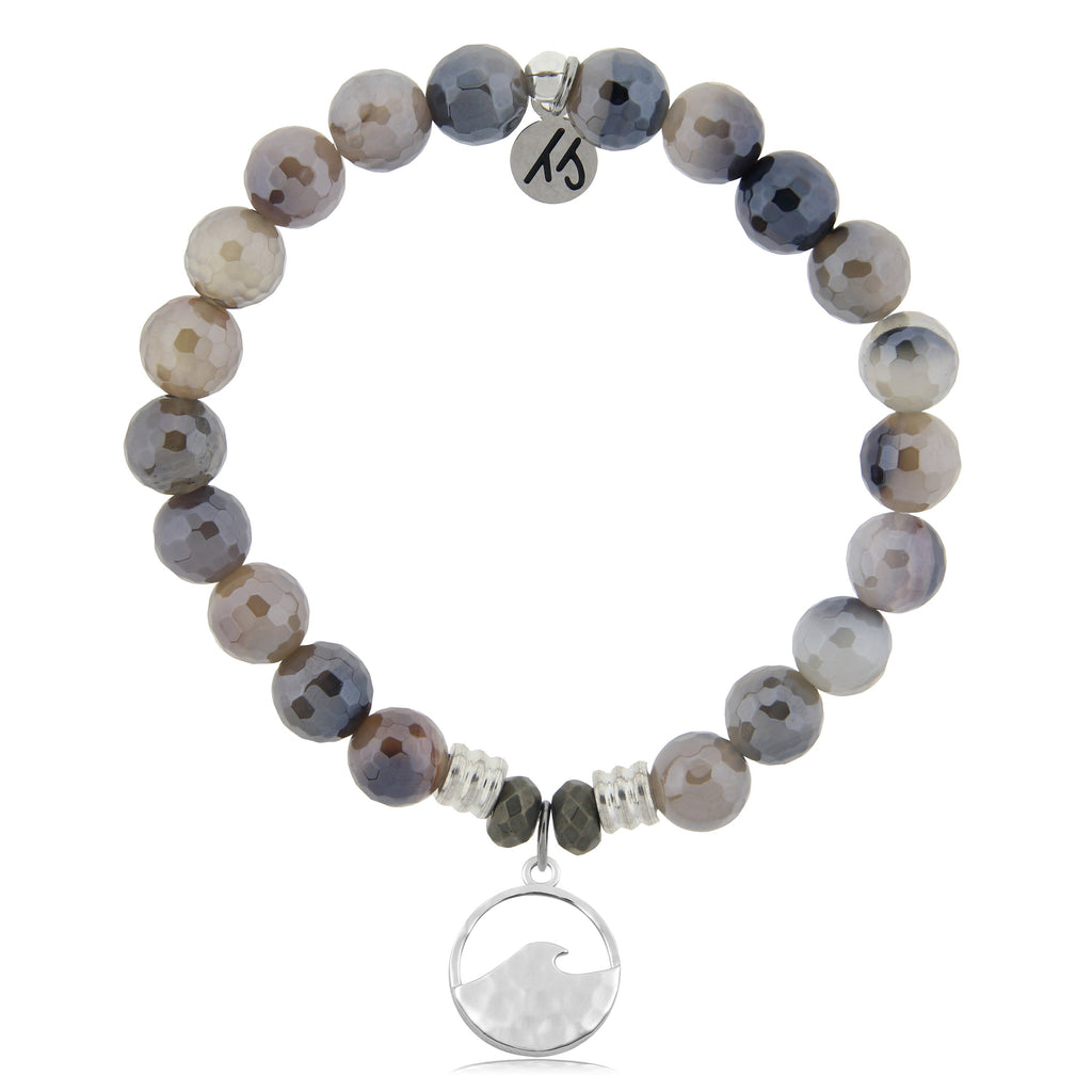 Storm Agate Stone Bracelet with Hammered Waves Sterling Silver Charm