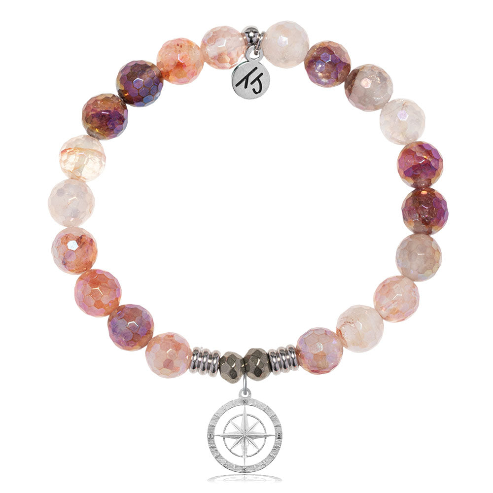 Strawberry Quartz Gemstone Bracelet with Compass Rose Sterling Silver Charm