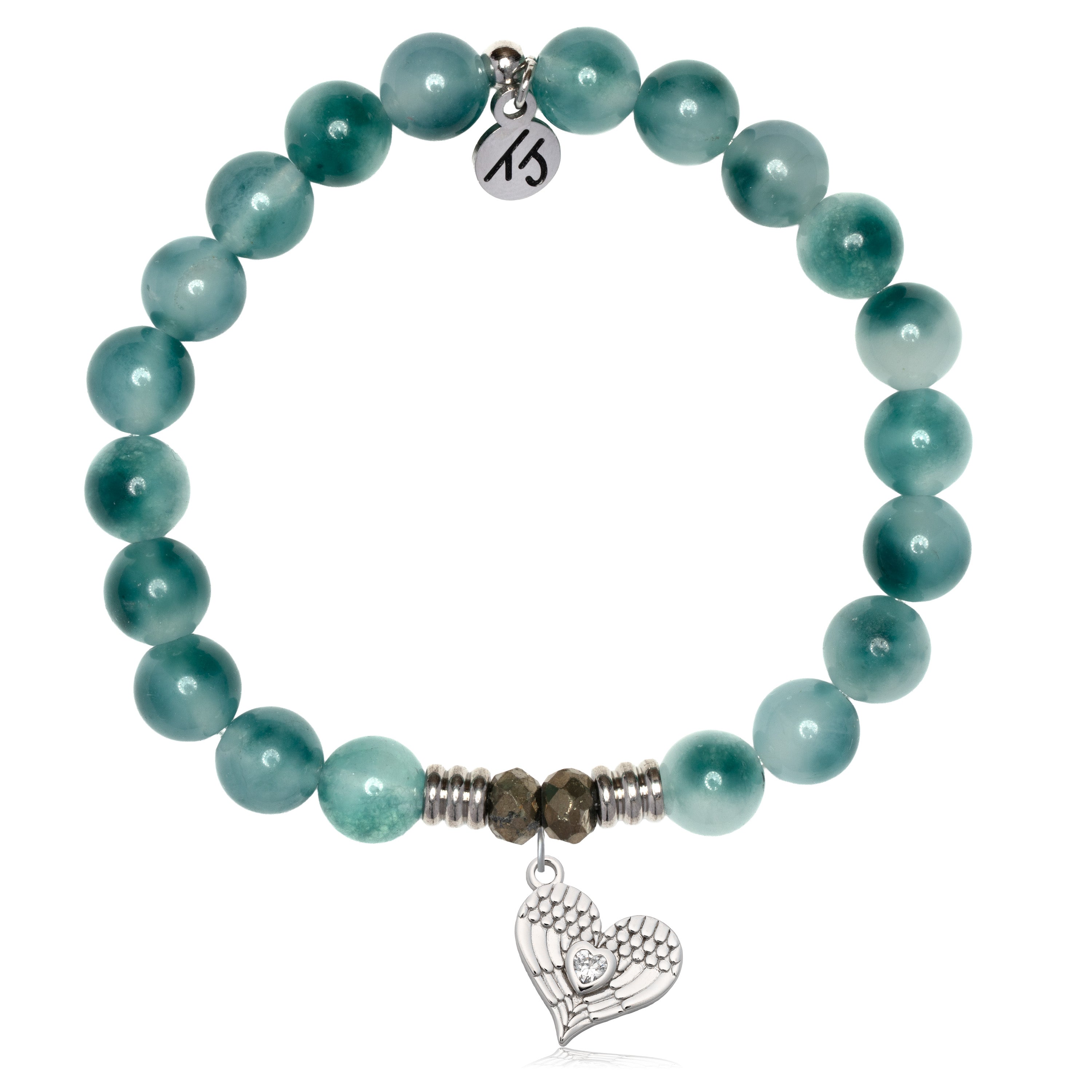 Teal White Jade Gemstone Bracelet with Angel Love Sterling Silver Charm