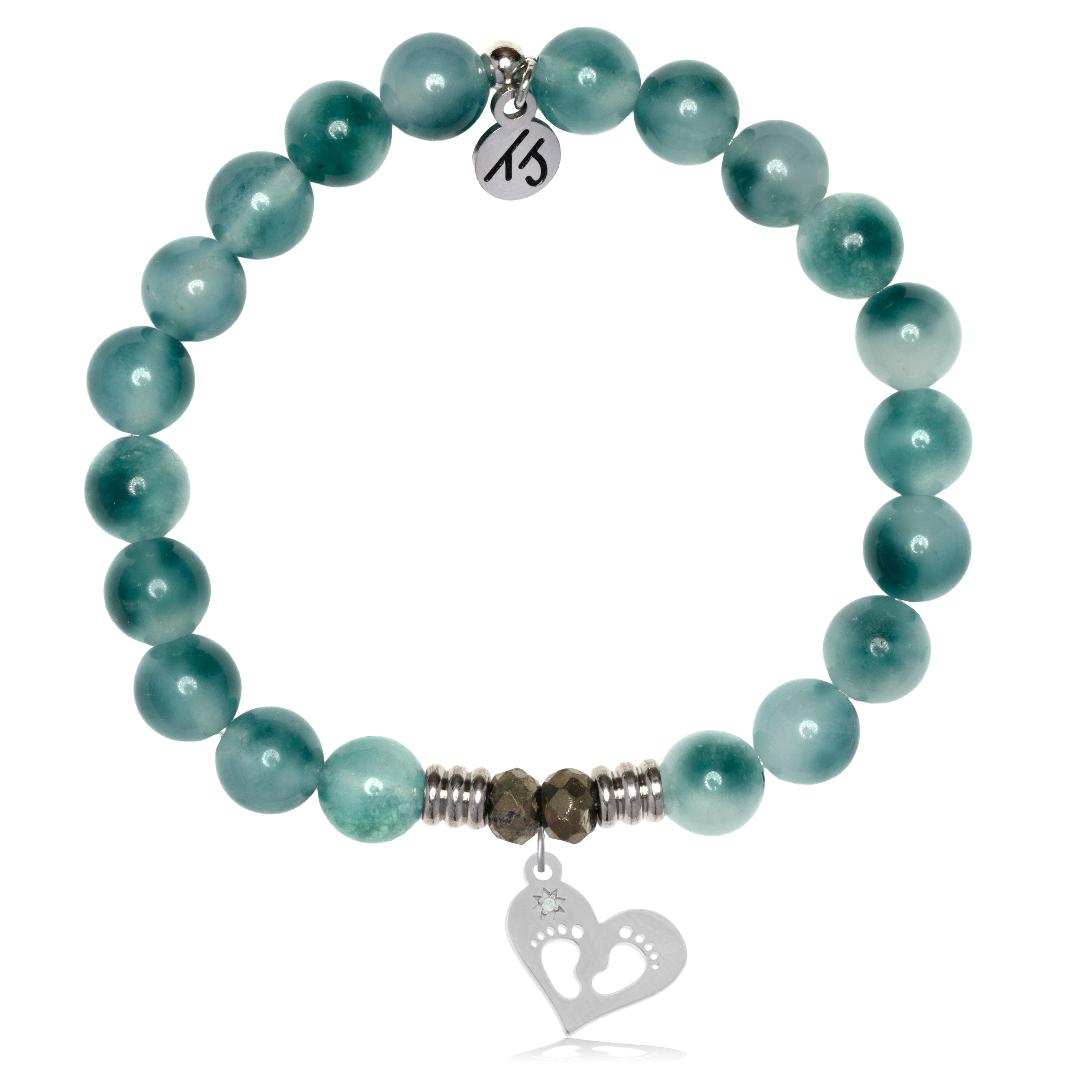 Teal White Jade Gemstone Bracelet with Baby Feet Sterling Silver Charm
