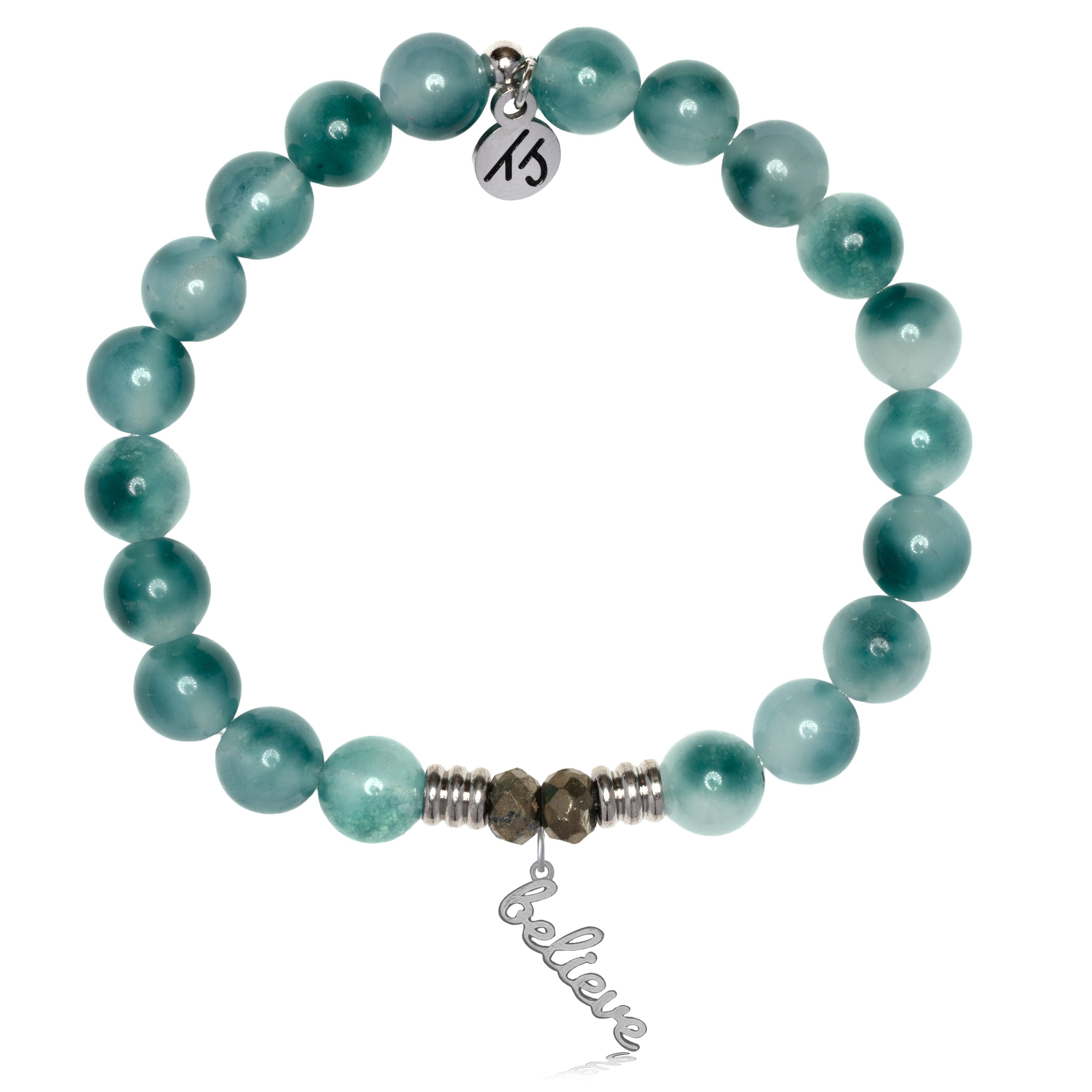 Teal White Jade Gemstone Bracelet with Believe in Yourself Sterling Silver Charm