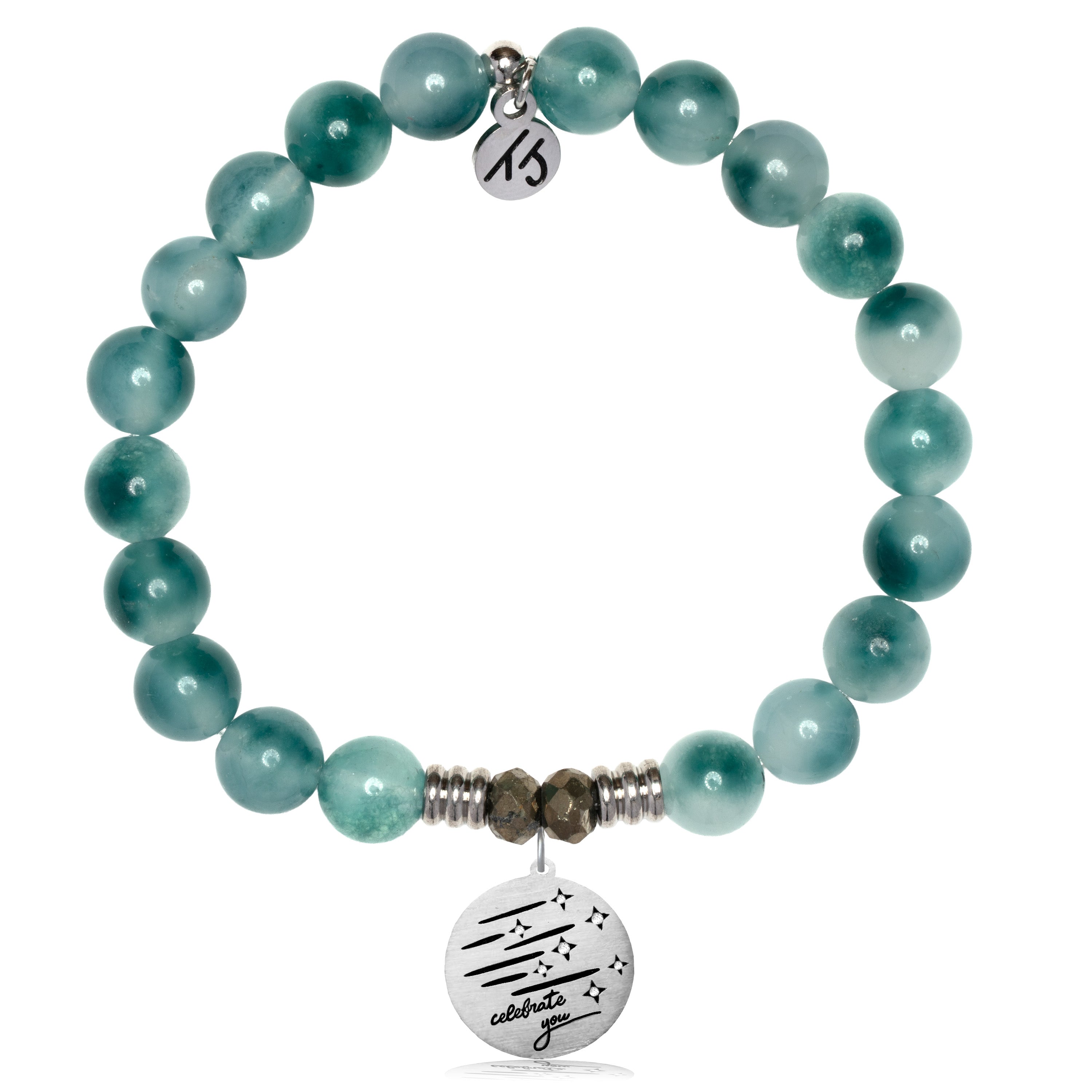 Teal White Jade Gemstone Bracelet with Birthday Wishes Sterling Silver Charm