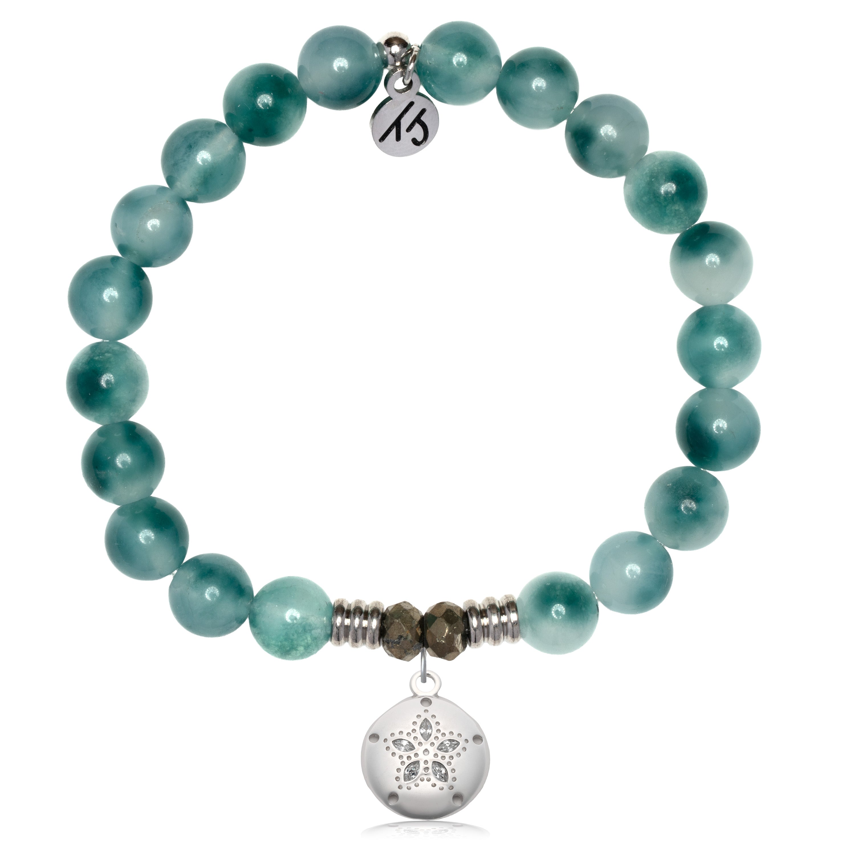 Teal White Jade Gemstone Bracelet with Sand Dollar CZ Sterling Silver Charm