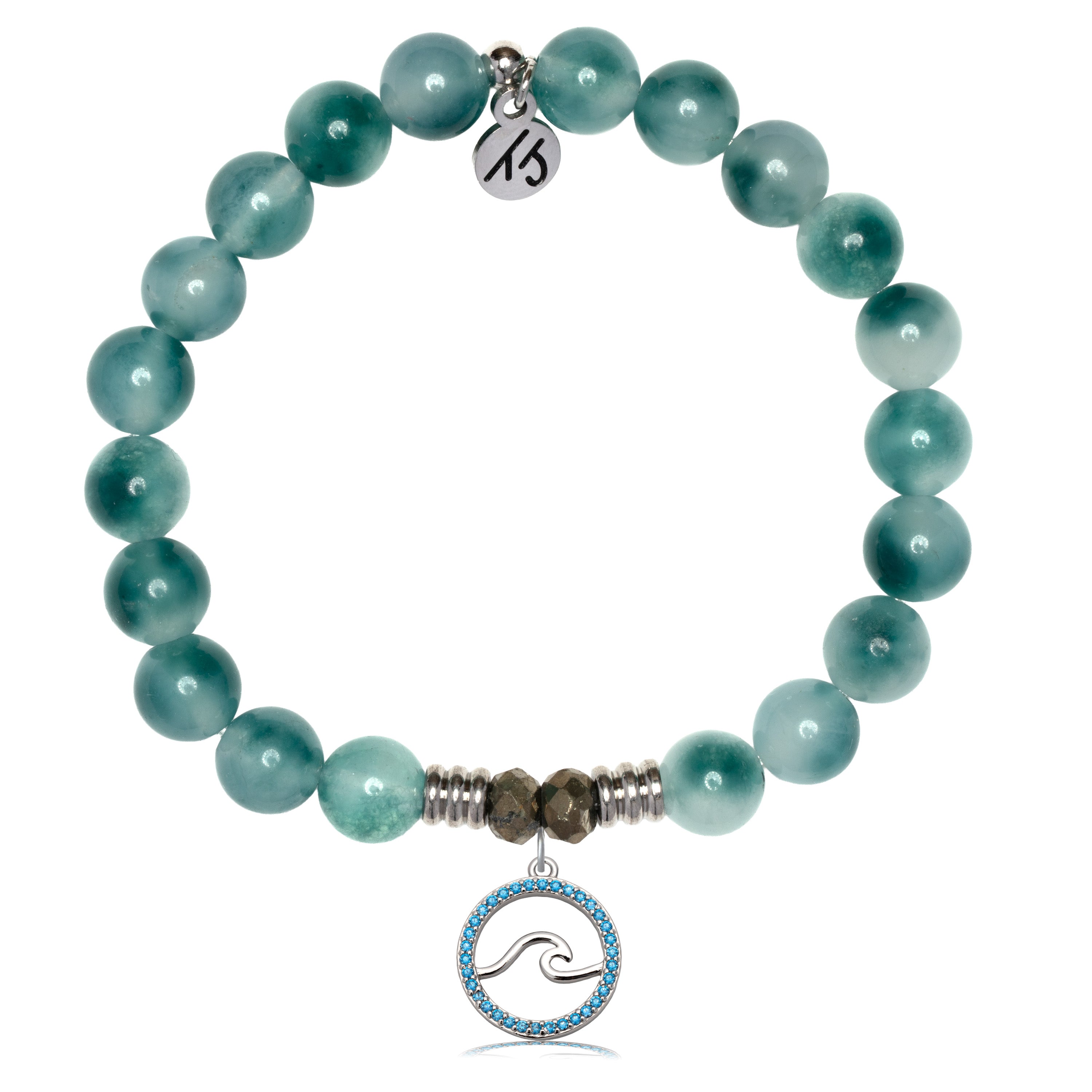 Teal White Jade Gemstone Bracelet with Serenity Wave Sterling Silver Charm
