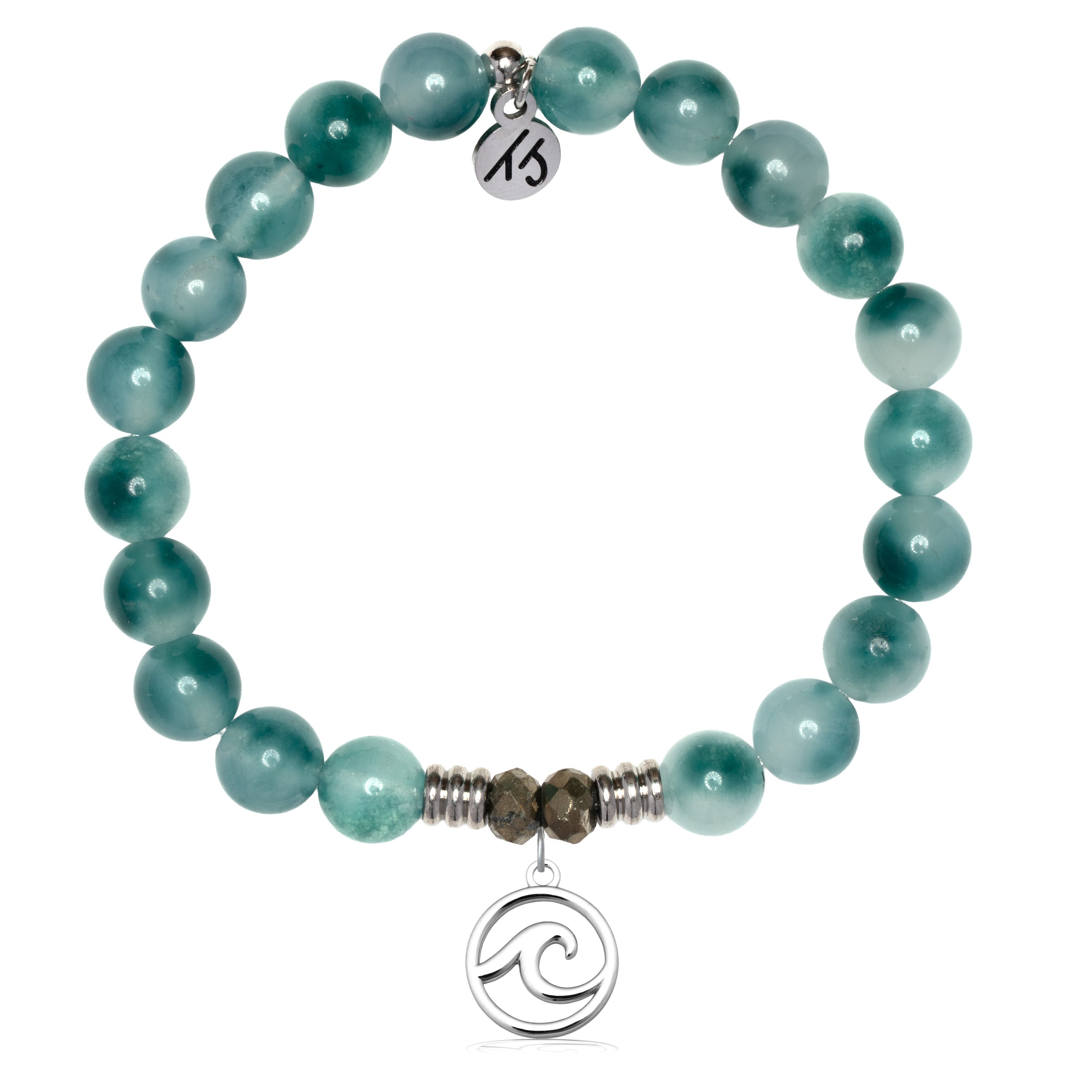 Teal White Jade Gemstone Bracelet with Wave Cutout Sterling Silver Charm