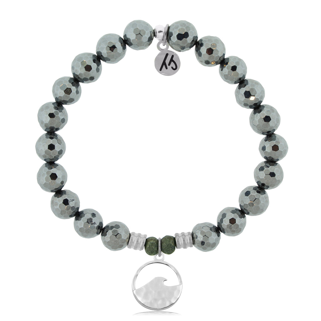 Terahertz Stone Bracelet with Hammered Waves Sterling Silver Charm